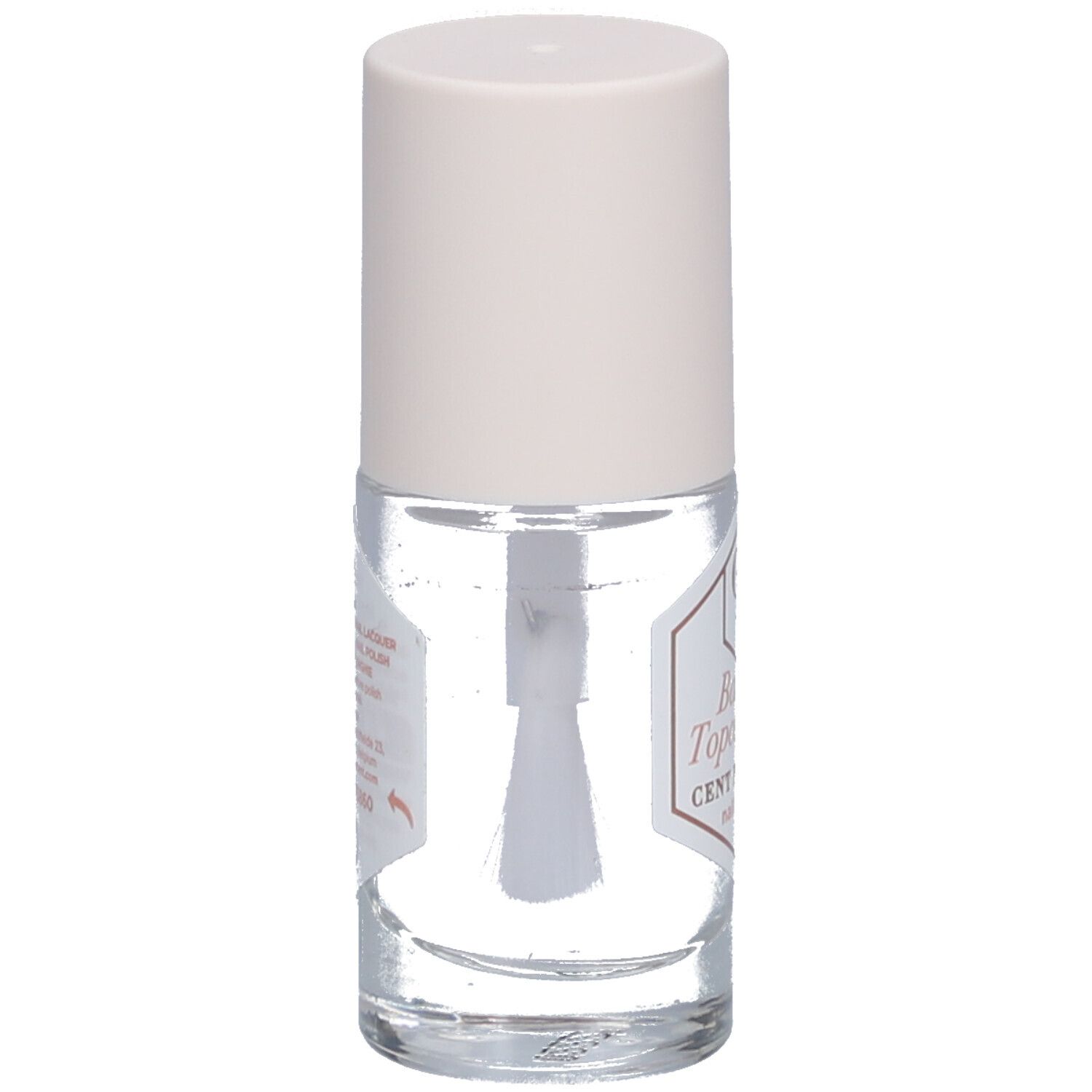 Transparente Nagellackflasche mit weißem Deckel. Pinsel sichtbar. Etikett mit Text.