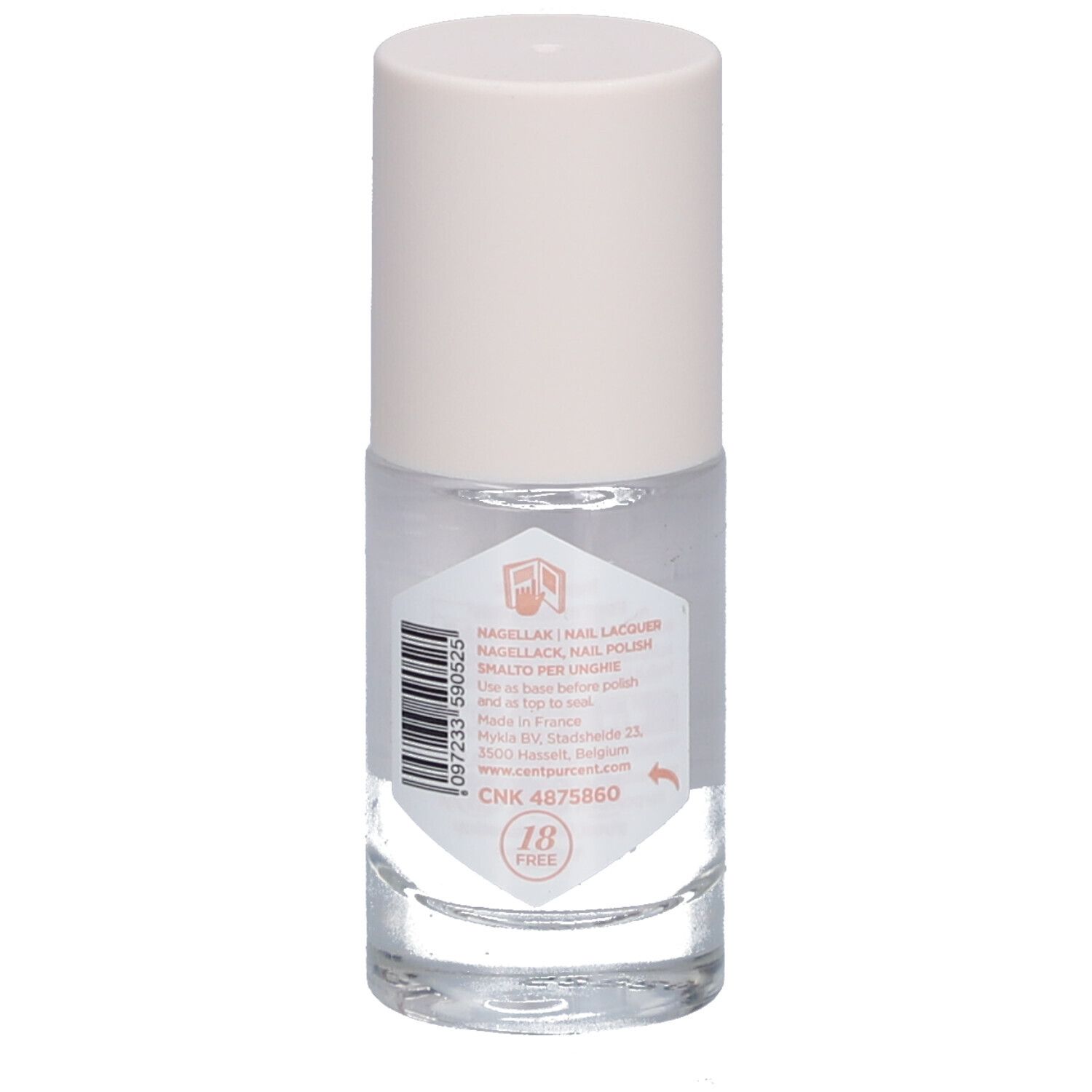 Transparente Nagellackflasche mit weißem Deckel. Rückseite mit Text und Barcode. "18 FREE" Aufkleber.