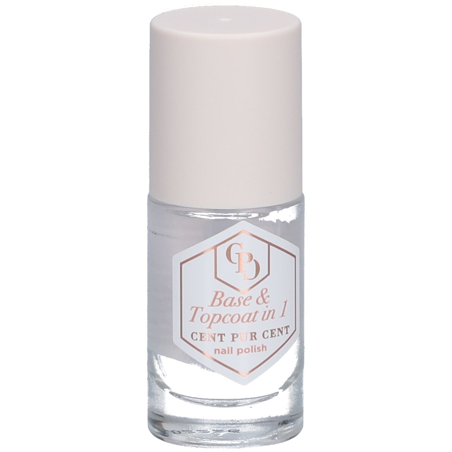 Klare Nagellackflasche mit weißem Deckel. Aufkleber mit "Base & Topcoat in 1" und "CENT PUR CENT".