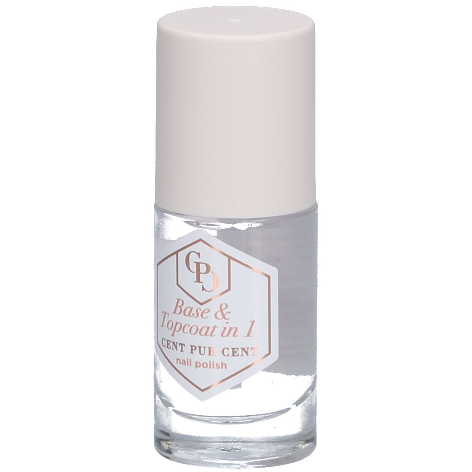 Klare Nagellackflasche mit weißem Deckel. Aufkleber mit "Base & Topcoat in 1" und "CENT PUR CENT".