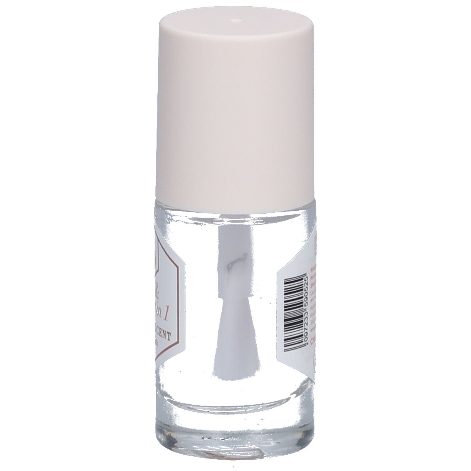 Transparente Nagellackflasche mit weißem Deckel. Pinsel sichtbar. Etikett mit Text.