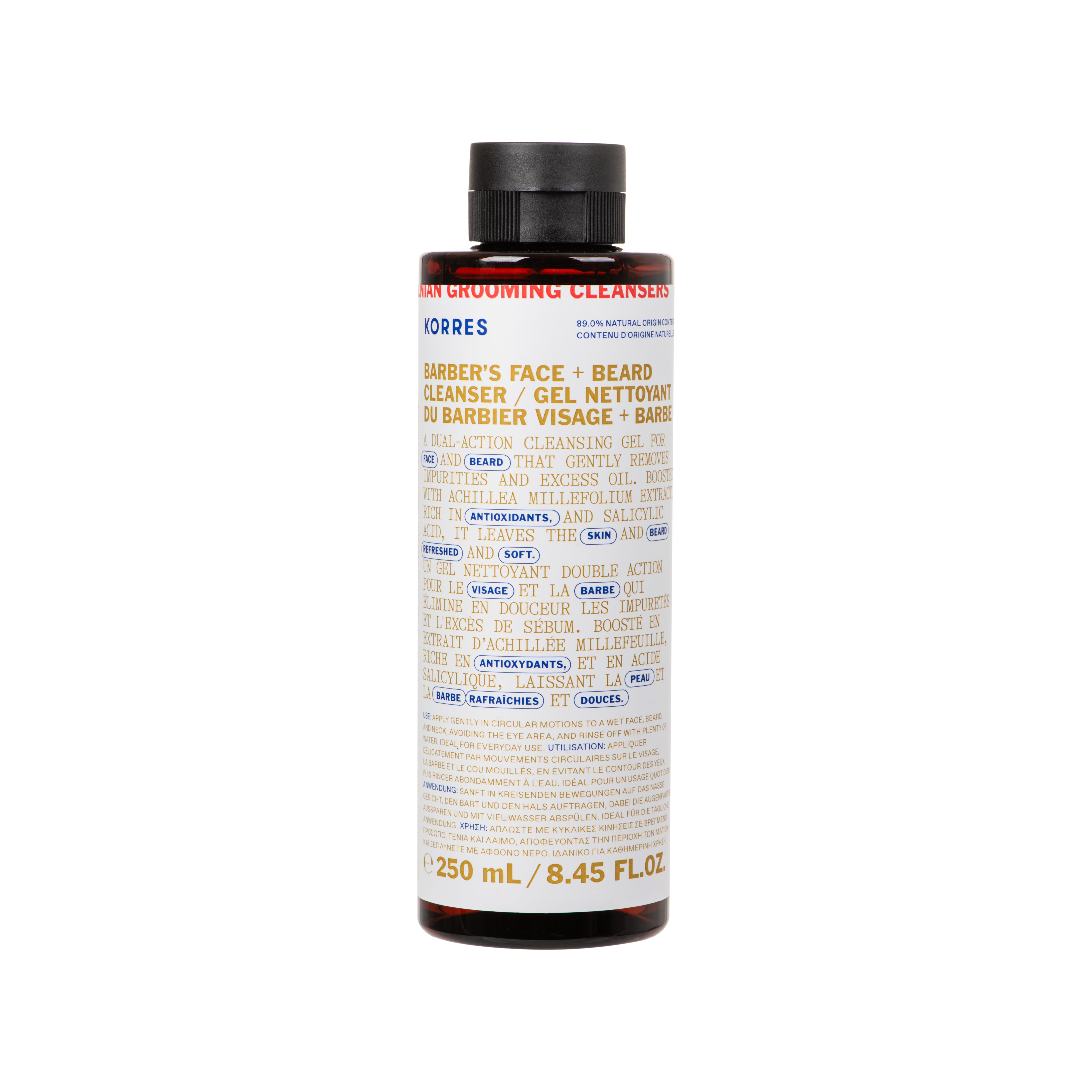 Flacon Korres Barbier. Gel nettoyant visage et barbe. Texte en anglais et français. Bouchon noir. 250 ml.