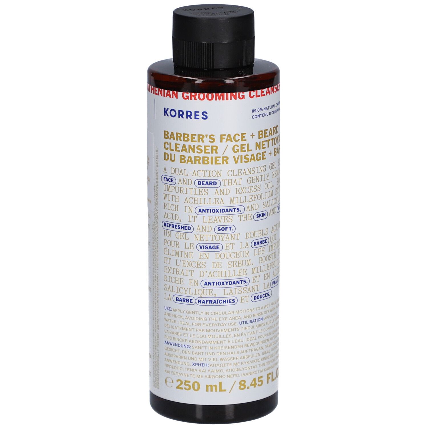 Flacon Korres Barbier. Gel nettoyant visage et barbe. Texte en anglais et français. Bouchon noir. 250 ml.