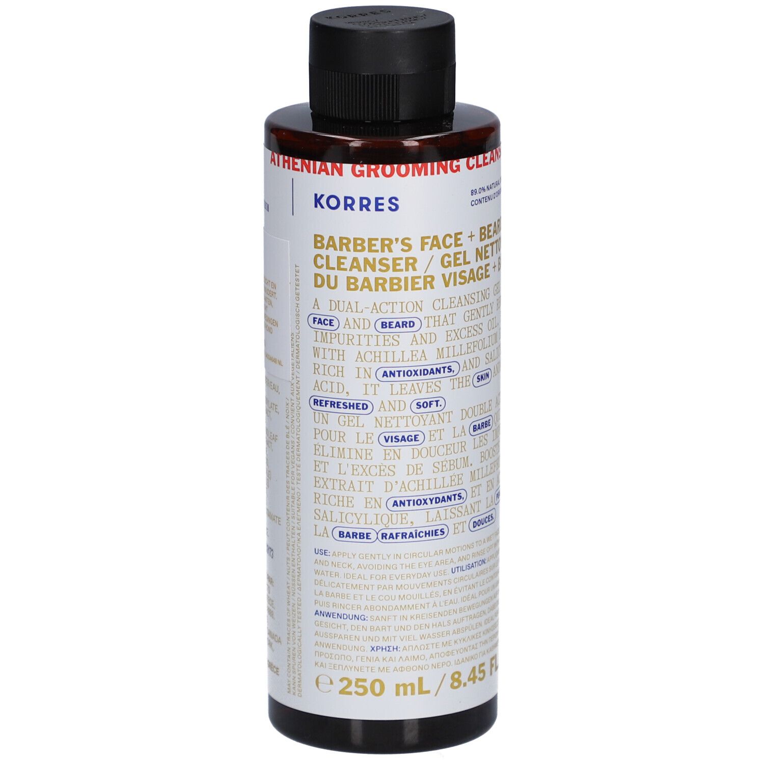 Flacon Korres Barbier. Gel nettoyant visage et barbe. Texte en anglais et français. Bouchon noir. 250 ml.