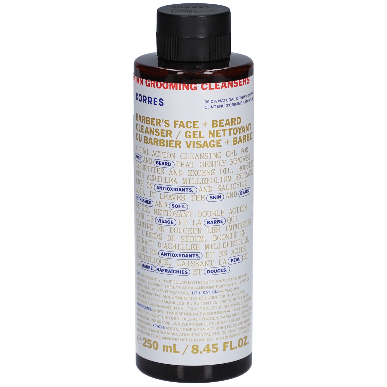 Flacon Korres Barbier. Gel nettoyant visage et barbe. Texte en anglais et français. Bouchon noir. 250 ml.