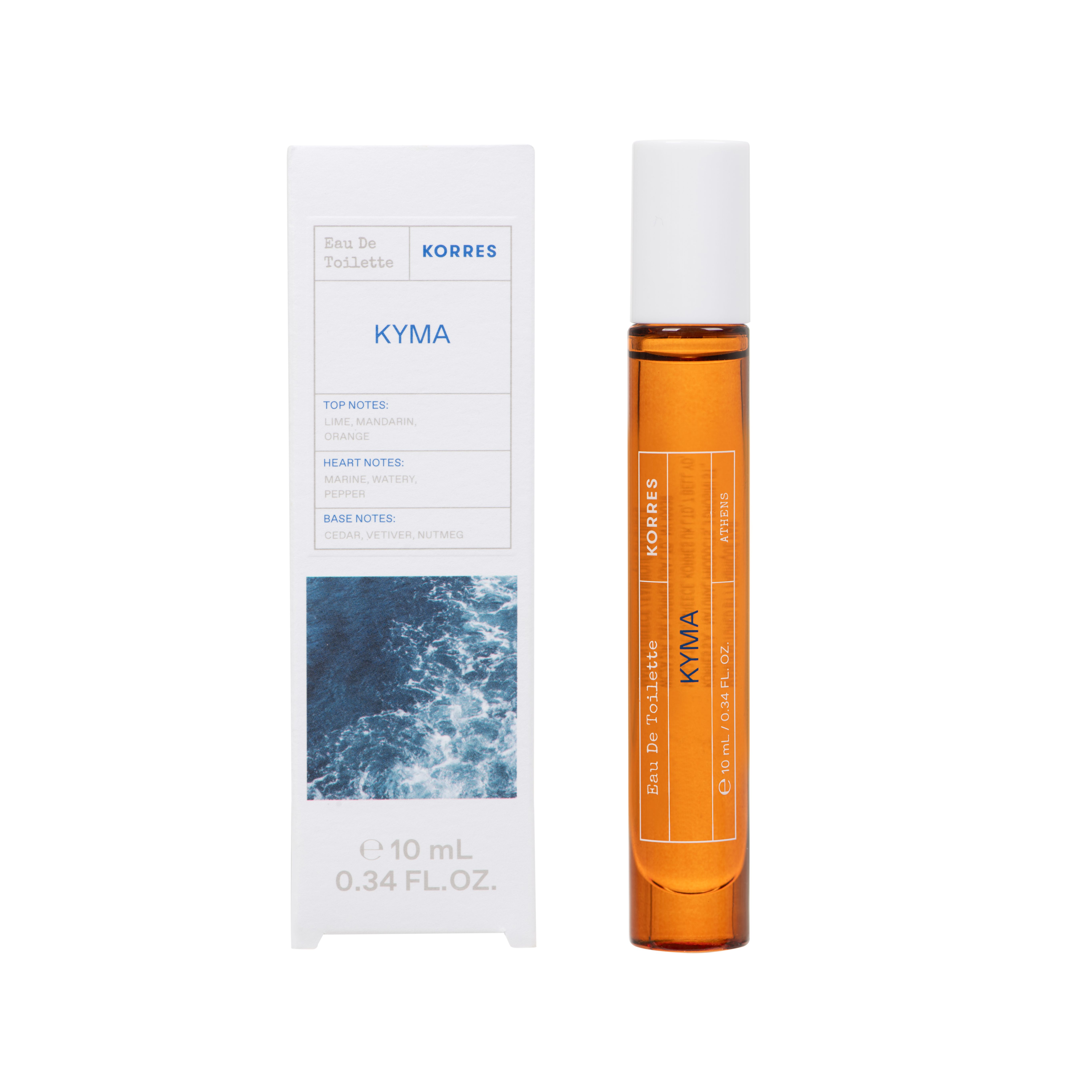 Flacon roll-on et emballage. Flacon : liquide brun, bouchon blanc. Emballage : blanc, mer bleue.