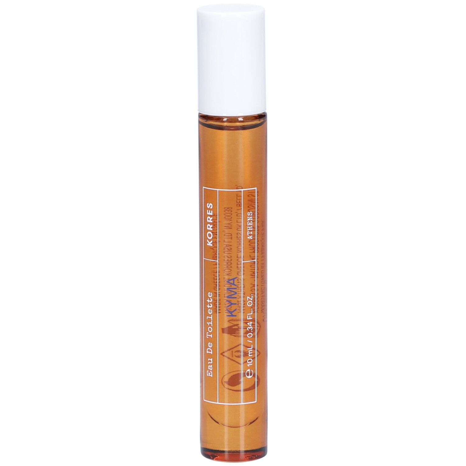 Roll-on-Flakon mit brauner Flüssigkeit und weißem Deckel. Beschriftung: Korres, Kyma, Eau de Toilette, 10 ml.