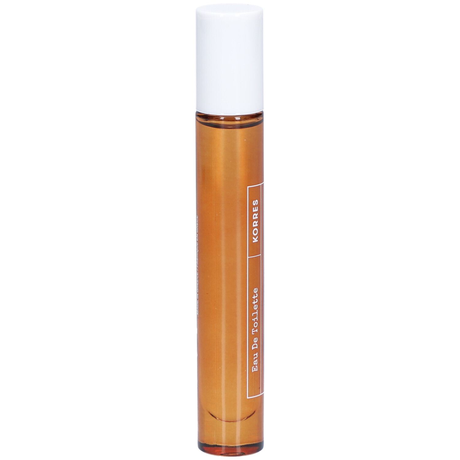Roll-on-Flakon mit brauner Flüssigkeit und weißem Deckel. Beschriftung: Korres, Eau de Toilette.