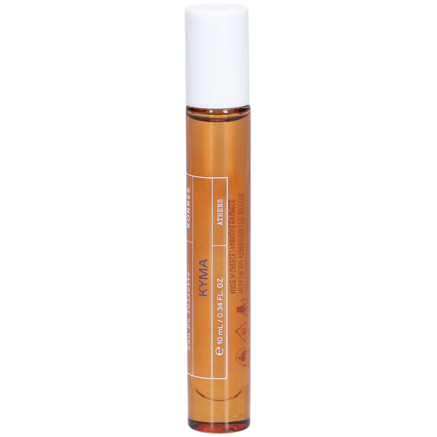Roll-on-Flakon mit brauner Flüssigkeit und weißem Deckel. Beschriftung: Korres, Kyma, Eau de Toilette, 10 ml.