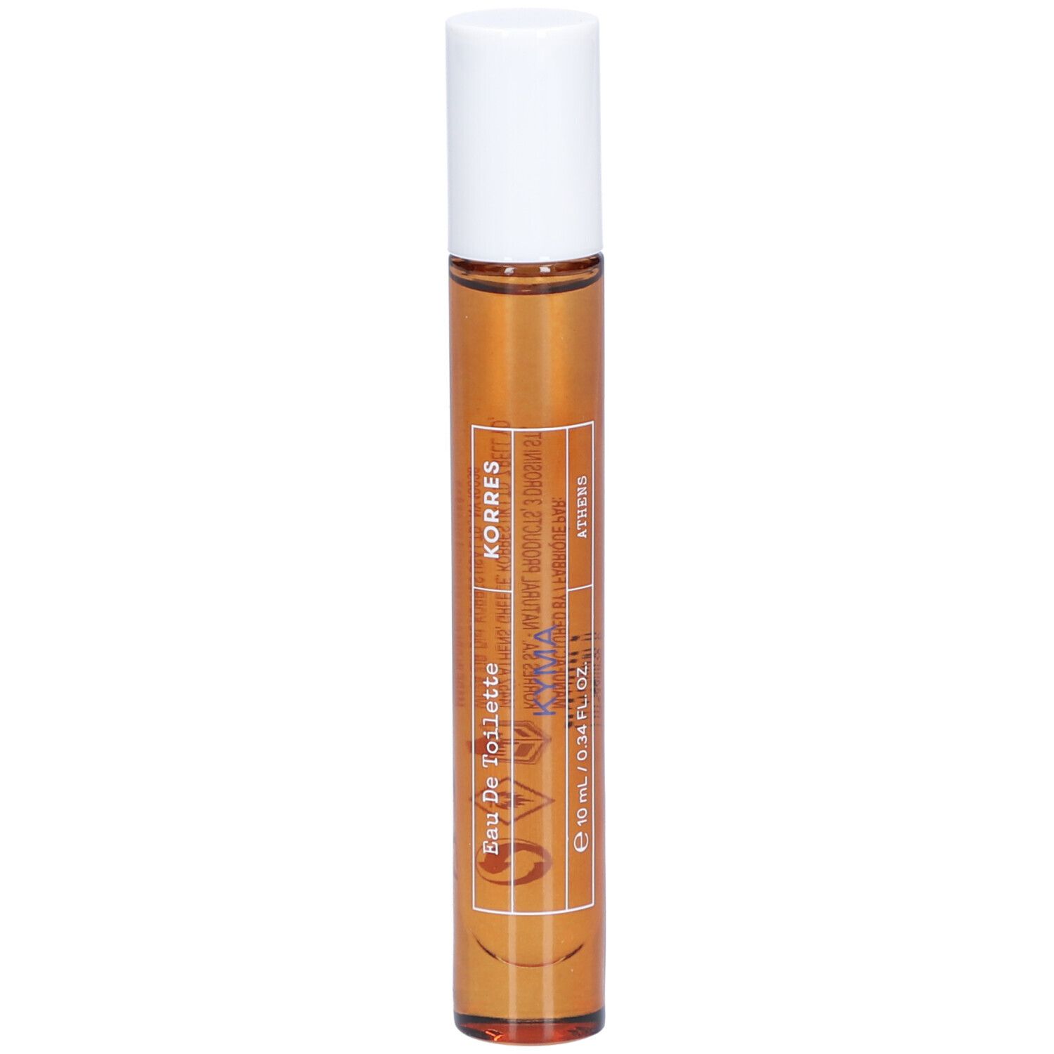 Roll-on-Flakon mit brauner Flüssigkeit und weißem Deckel. Beschriftung: Korres, Kyma, Eau de Toilette, 10 ml.