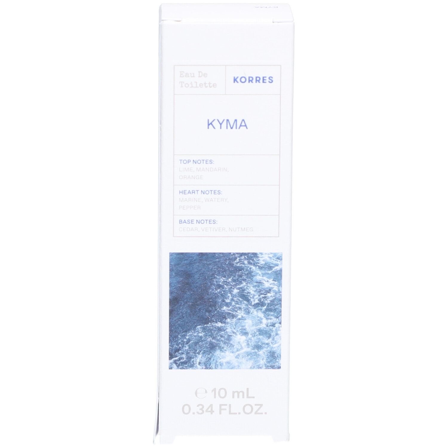 Verpackung: weiß, blaues Meer. Beschriftung: Korres, Kyma, Eau de Toilette, 10 ml. Inhaltsstoffe.