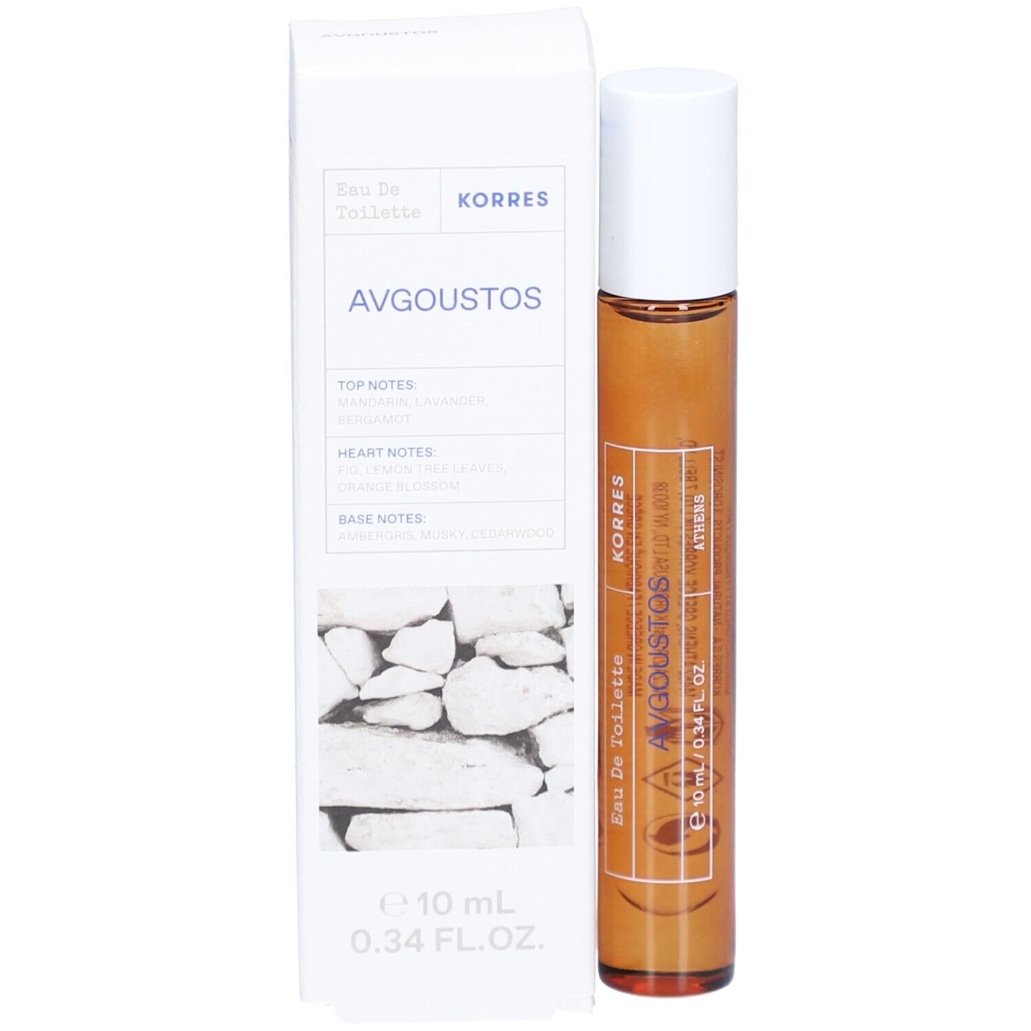 Korres Eau de Toilette Avgoustos. Braune Glasflasche mit weißem Deckel und weißer Verpackung. Text: Avgoustos, 10 ml, 0.34 FL. OZ.