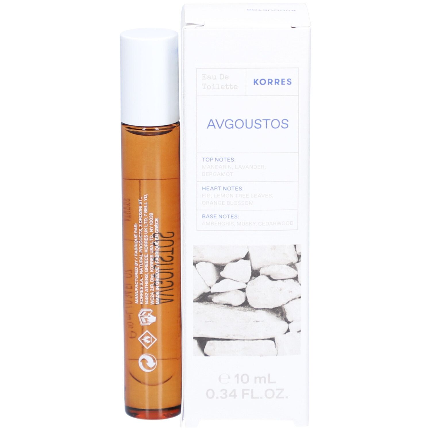 Korres Eau de Toilette Avgoustos. Braune Glasflasche mit weißem Deckel und weißer Verpackung. Text: Avgoustos, 10 ml, 0.34 FL. OZ.