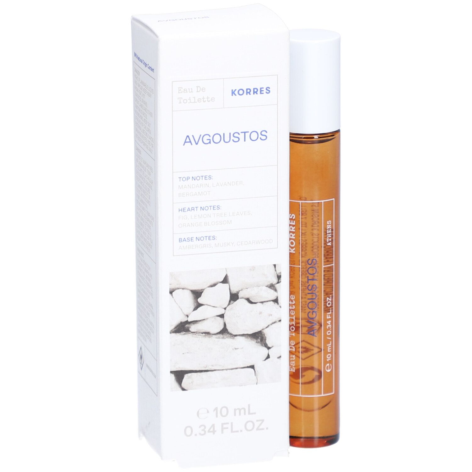 Korres Eau de Toilette Avgoustos. Braune Glasflasche mit weißem Deckel und weißer Verpackung. Text: Avgoustos, 10 ml, 0.34 FL. OZ.
