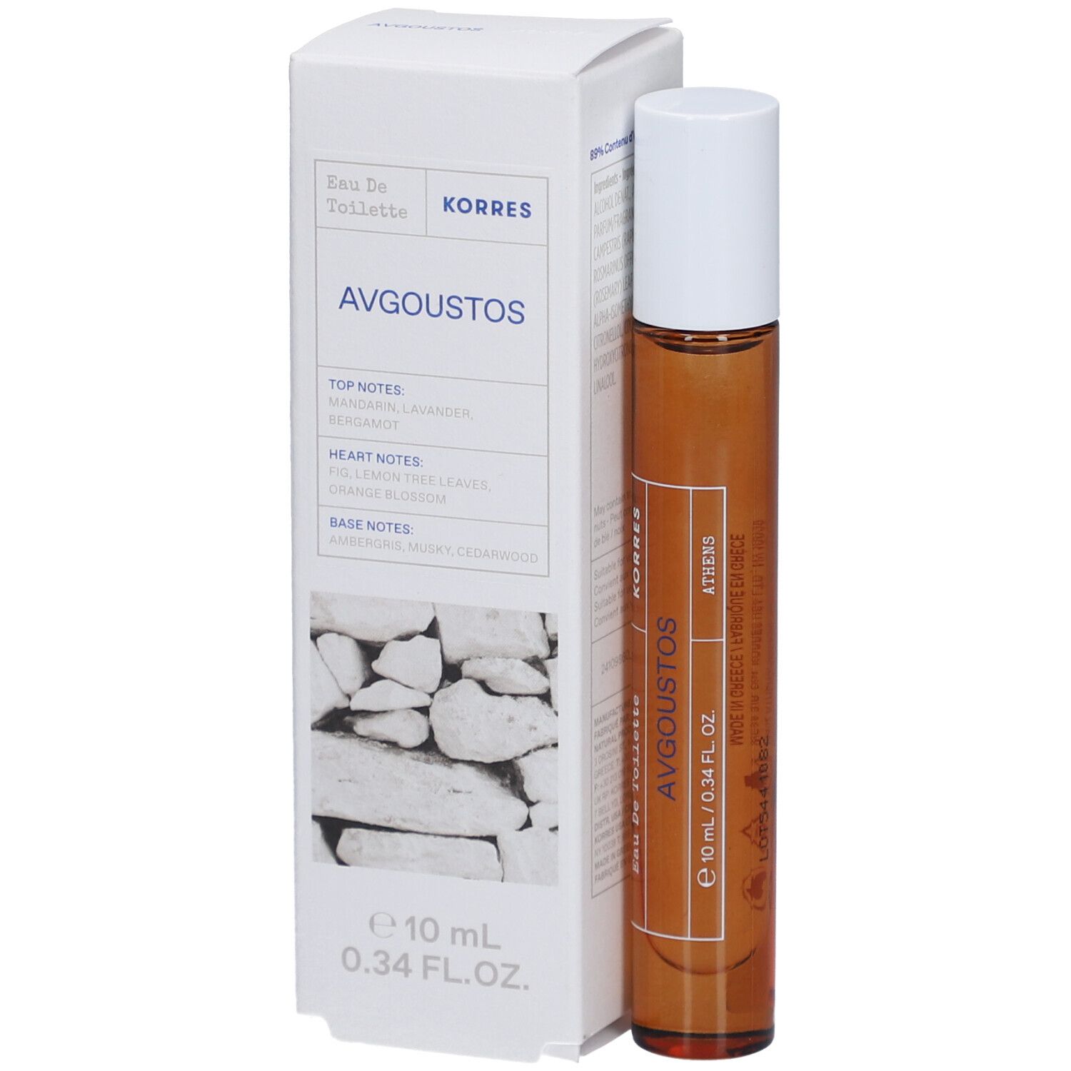 Korres Eau de Toilette Avgoustos. Braune Glasflasche mit weißem Deckel und weißer Verpackung. Text: Avgoustos, 10 ml, 0.34 FL. OZ.