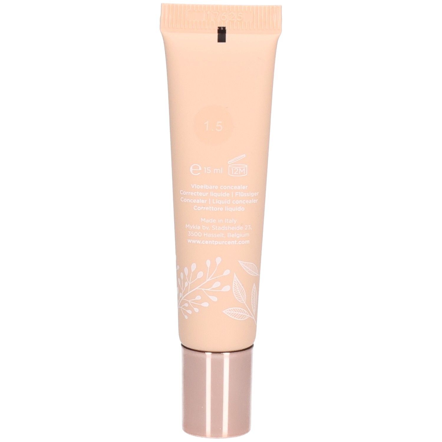Rückseite des Cent Pur Cent Liquid Concealer Tubes mit Produktinformationen.