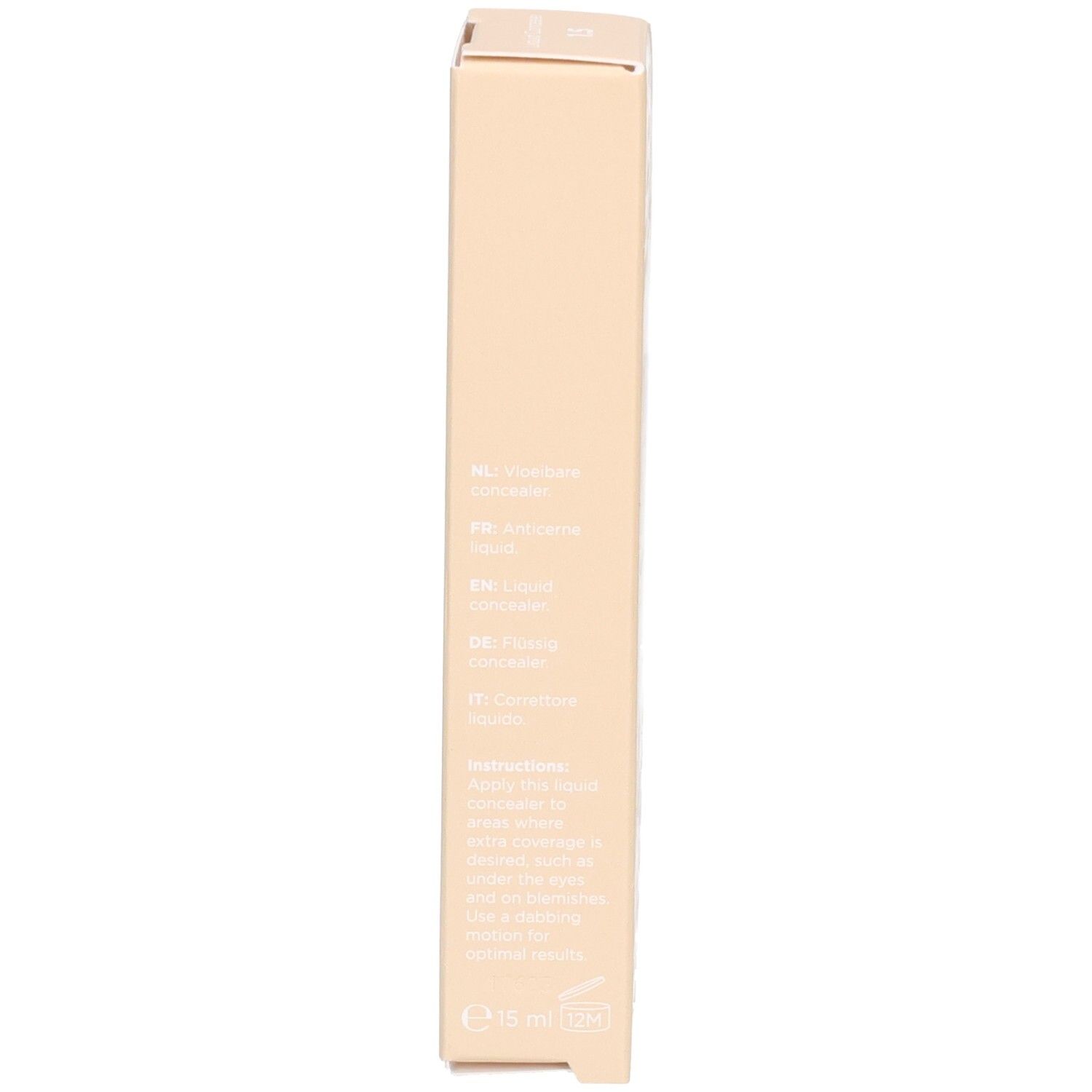 Seite der Cent Pur Cent Liquid Concealer Verpackung mit mehrsprachigen Produktinformationen.