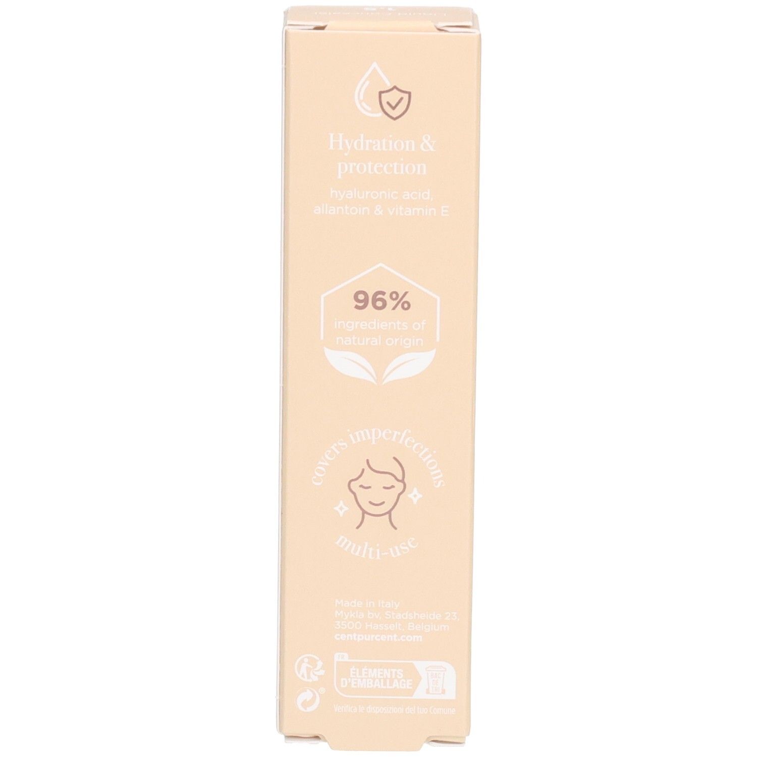 Seite der Cent Pur Cent Liquid Concealer Verpackung mit Produktvorteilen und Inhaltsstoffen.