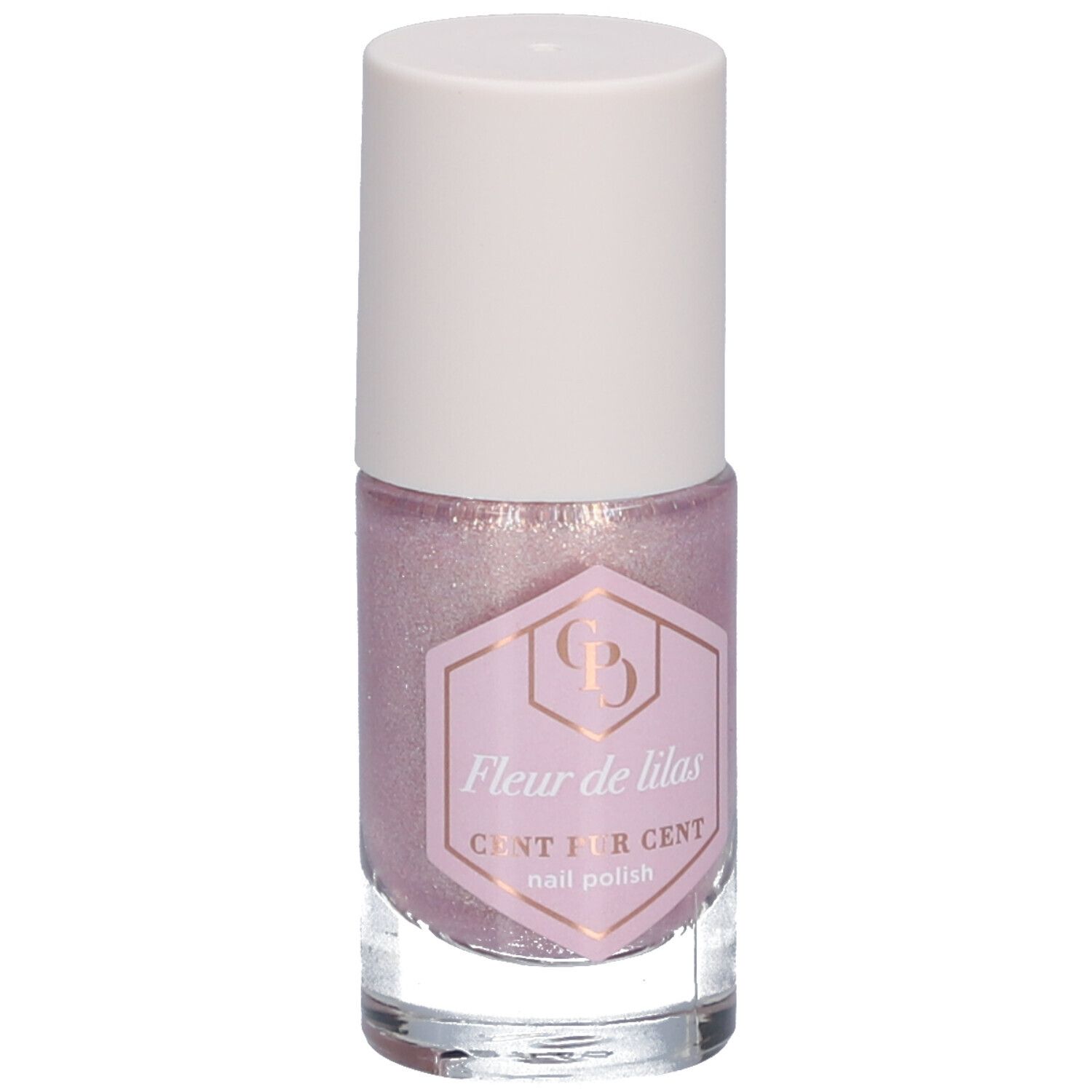 Nagellackflasche mit rosa Inhalt und weißem Deckel. Auf dem Etikett steht "Fleur de lilas".