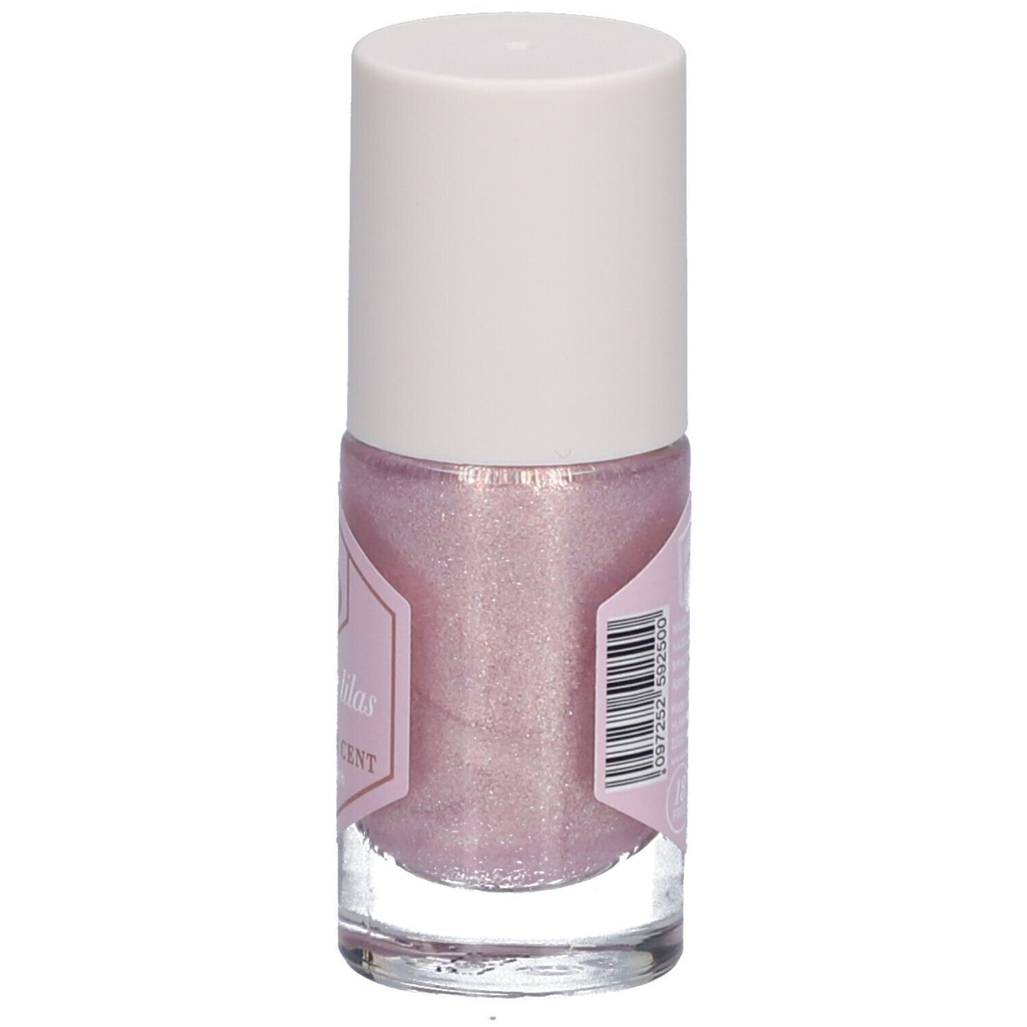 Rückseite einer Nagellackflasche mit rosa Inhalt und weißem Deckel. Barcode und Text.
