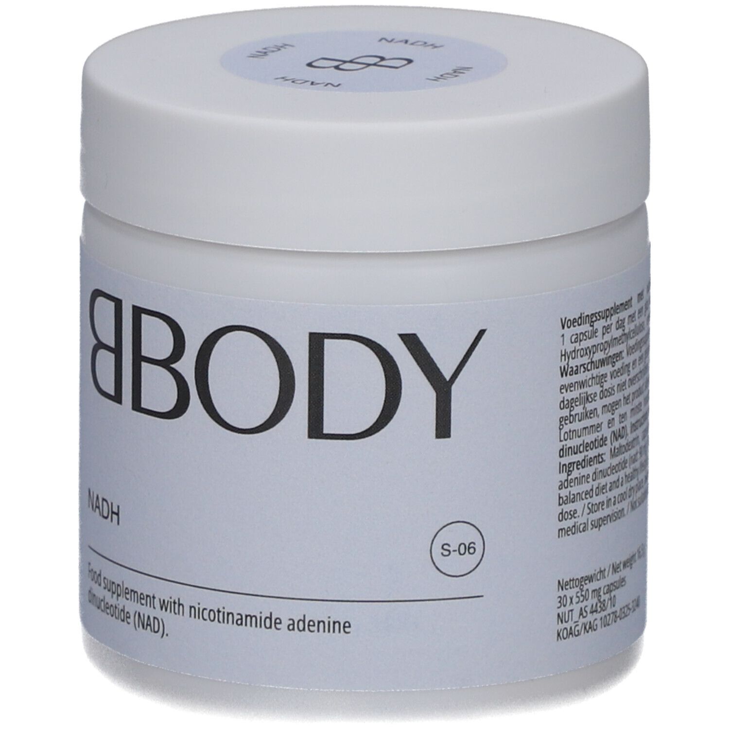 Weißer Behälter mit BODY, NADH. S-06-Kennzeichnung. Enthält Informationen zum Produkt.