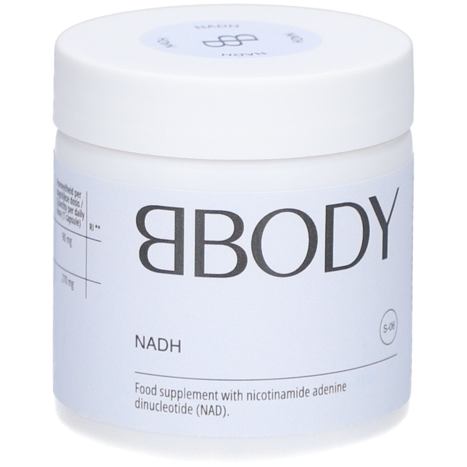 Weißer Behälter mit BODY, NADH. S-06-Kennzeichnung. Nahrungsergänzungsmittel.