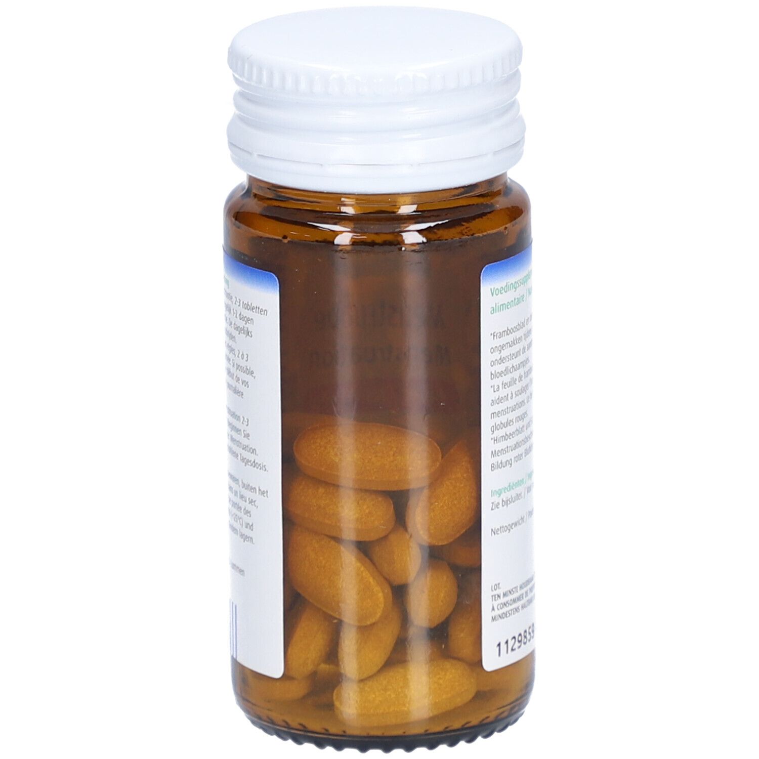 Braune Glasflasche mit weißen Tabletten. Der Inhalt ist sichtbar. Weißer Deckel.