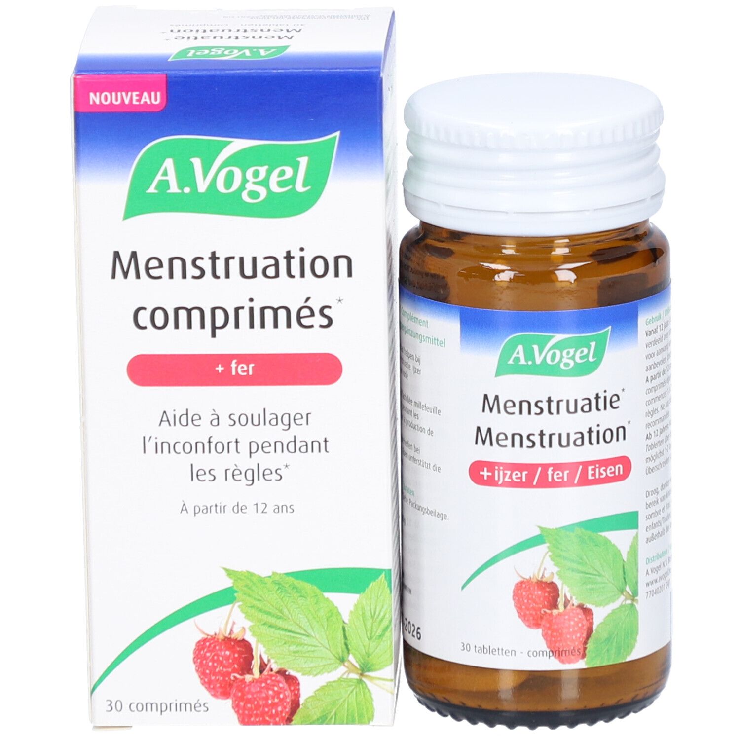 Produktverpackung mit Flasche und Schachtel. A. Vogel, Menstruation comprimés, + fer. 30 Tabletten.