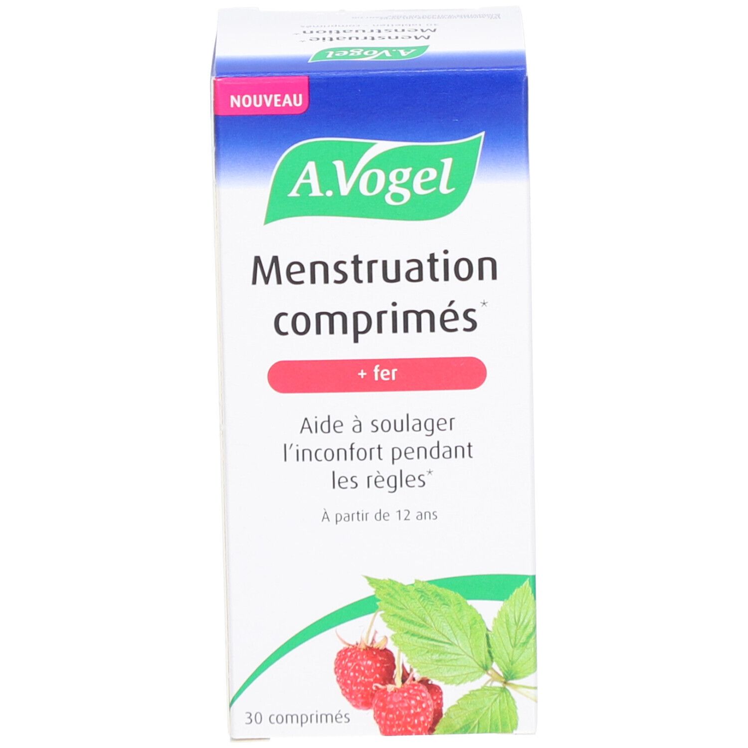 Produktverpackung. A. Vogel, Menstruation comprimés, + fer. 30 Tabletten. Mit Himbeeren und Blättern.