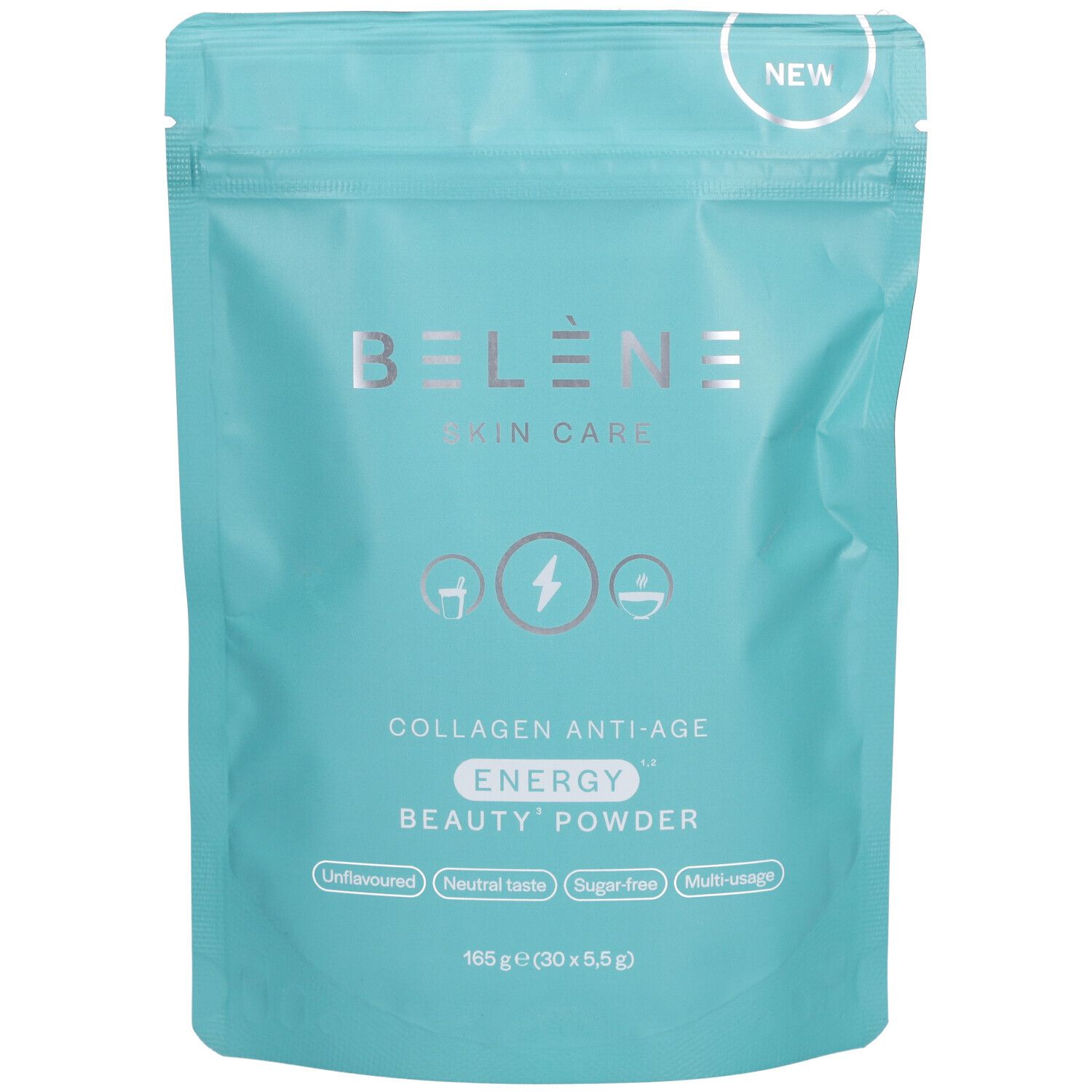 Türkisgrüne Verpackung mit Produktnamen und Logo. Enthält 'Collagen Anti-Age Energy Beauty Powder'. 'Neu' Aufkleber oben.