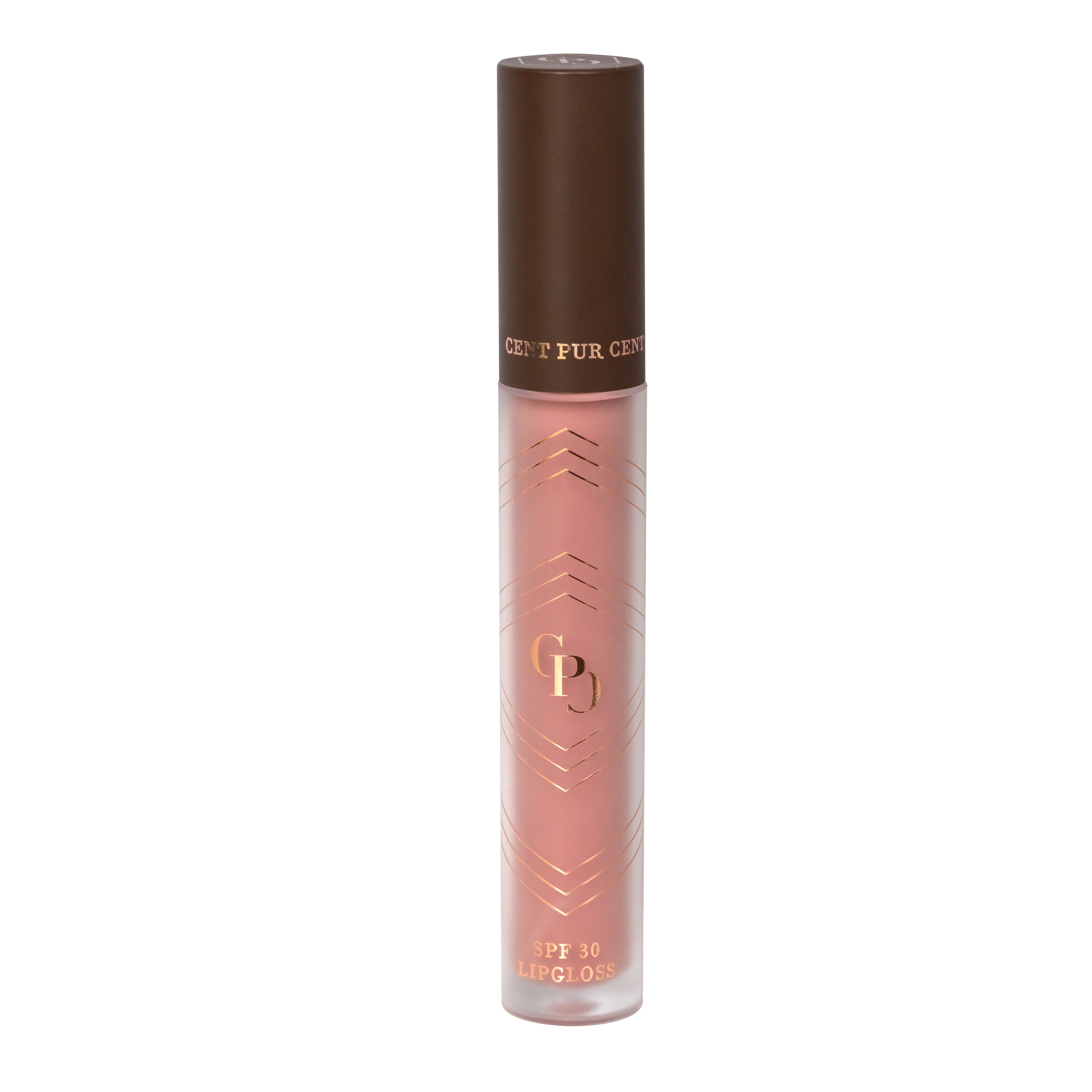 Tube de gloss avec bouchon marron. Contenu rose. Motif géométrique. Inscription: Cent Pur Cent, SPF 30 Lipgloss.