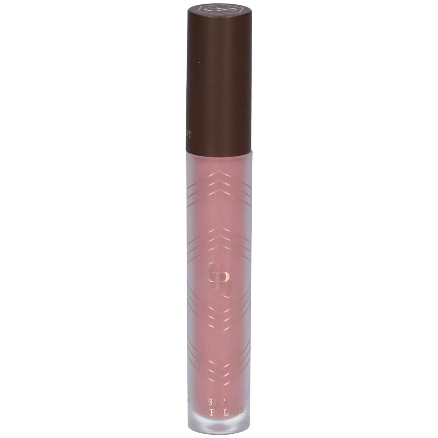Lipgloss-Tube mit braunem Deckel. Rosa Inhalt. Geometrisches Muster auf dem Tube. Unten steht 3,1 ml.