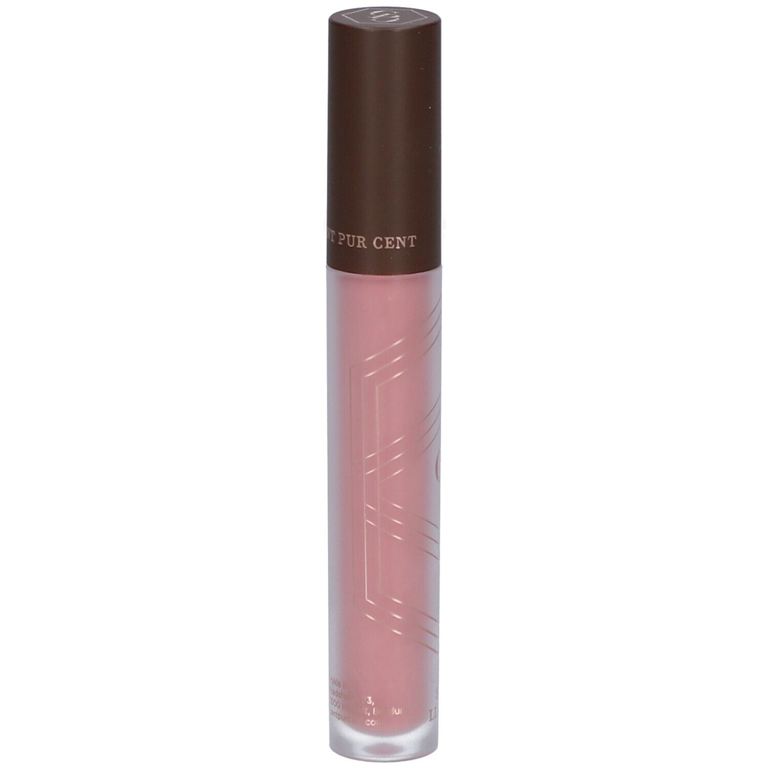 Lipgloss-Tube mit braunem Deckel. Rosa Inhalt. Geometrisches Muster auf dem Tube. Unten steht 3,1 ml.