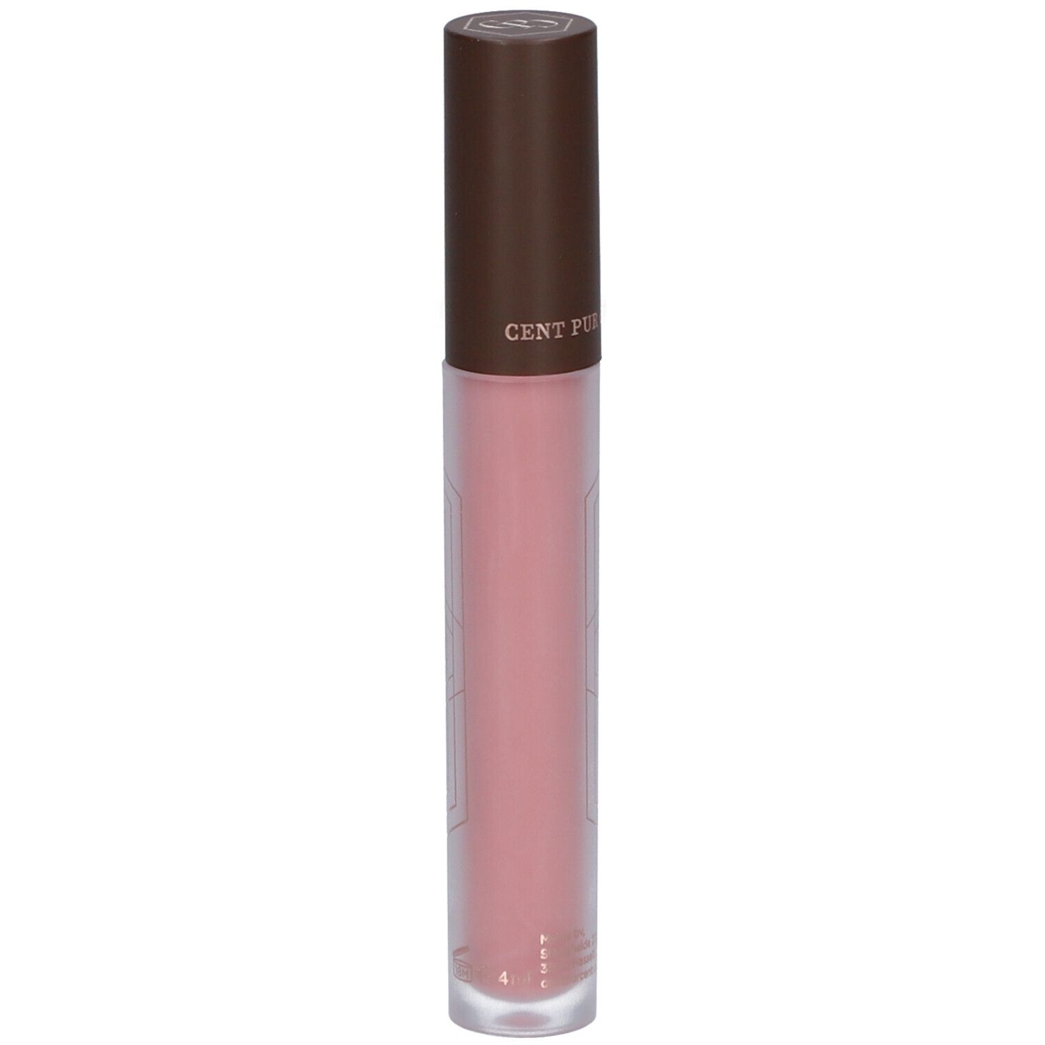 Lipgloss-Tube mit braunem Deckel. Rosa Inhalt. Geometrisches Muster auf dem Tube. Unten steht 3,1 ml.