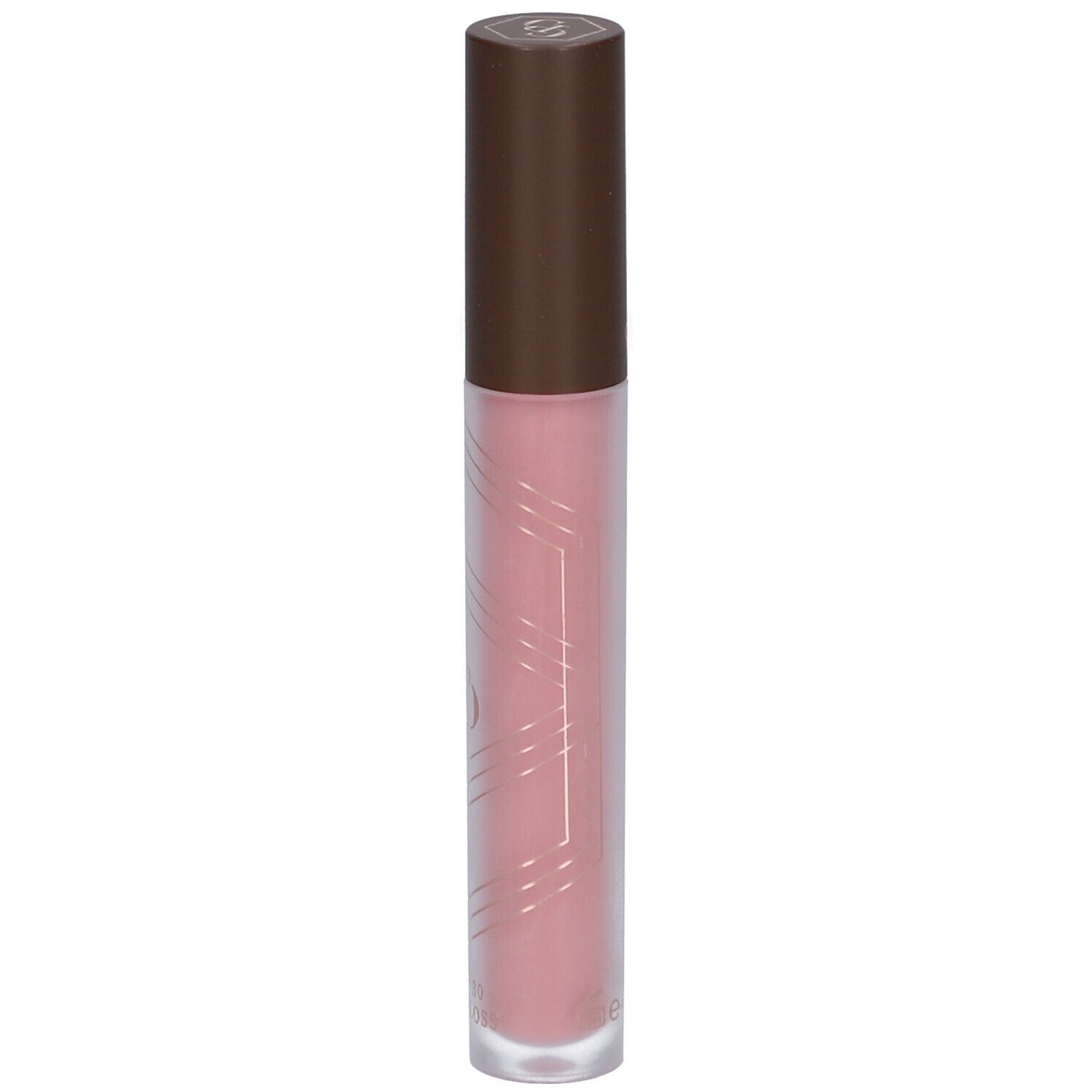 Lipgloss-Tube mit braunem Deckel. Rosa Inhalt. Geometrisches Muster auf dem Tube. Unten steht 3,1 ml.