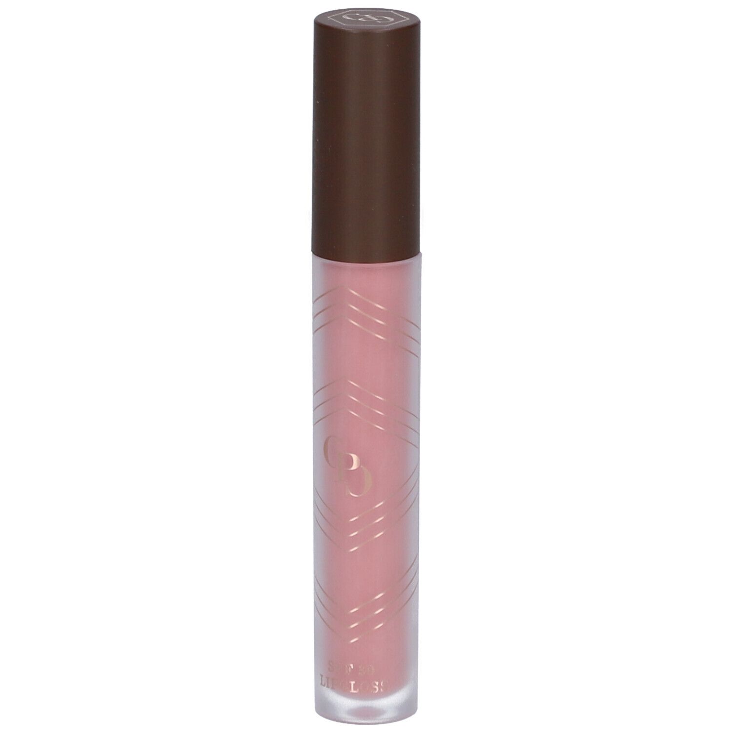Lipgloss-Tube mit braunem Deckel. Rosa Inhalt. Geometrisches Muster auf dem Tube. Unten steht 3,1 ml.