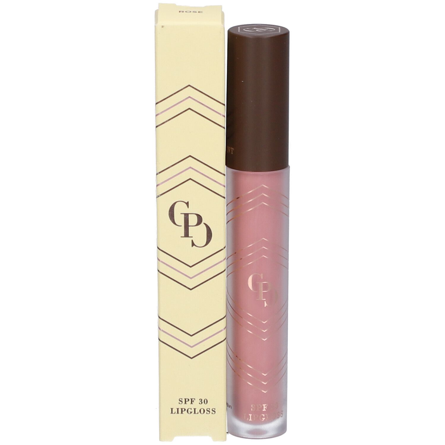 Lipgloss-Tube mit braunem Deckel. Rosa Inhalt. Geometrisches Muster auf dem Tube. Unten steht 3,1 ml.