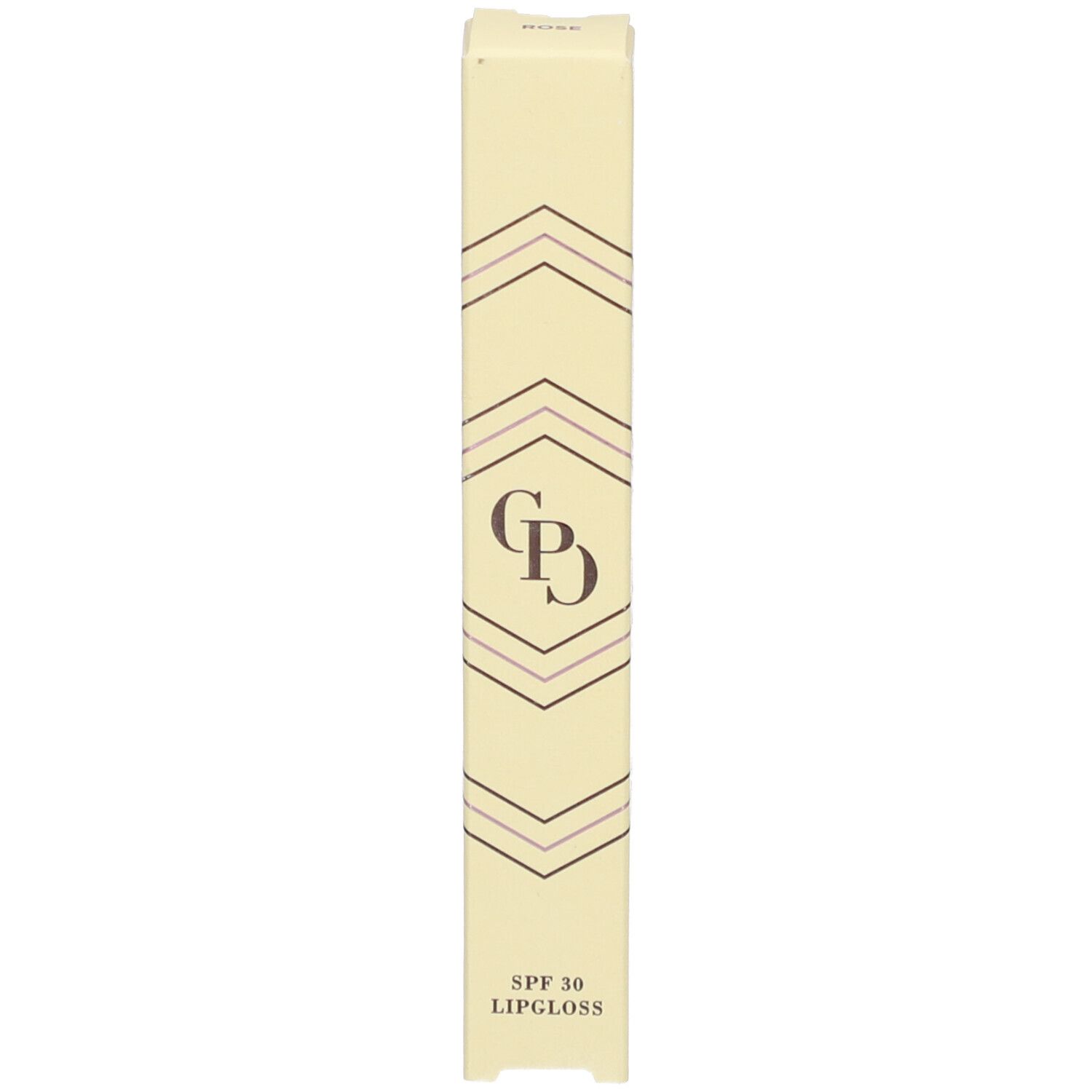 Lipgloss-Tube mit braunem Deckel. Rosa Inhalt. Geometrisches Muster auf dem Tube. Unten steht 3,1 ml.