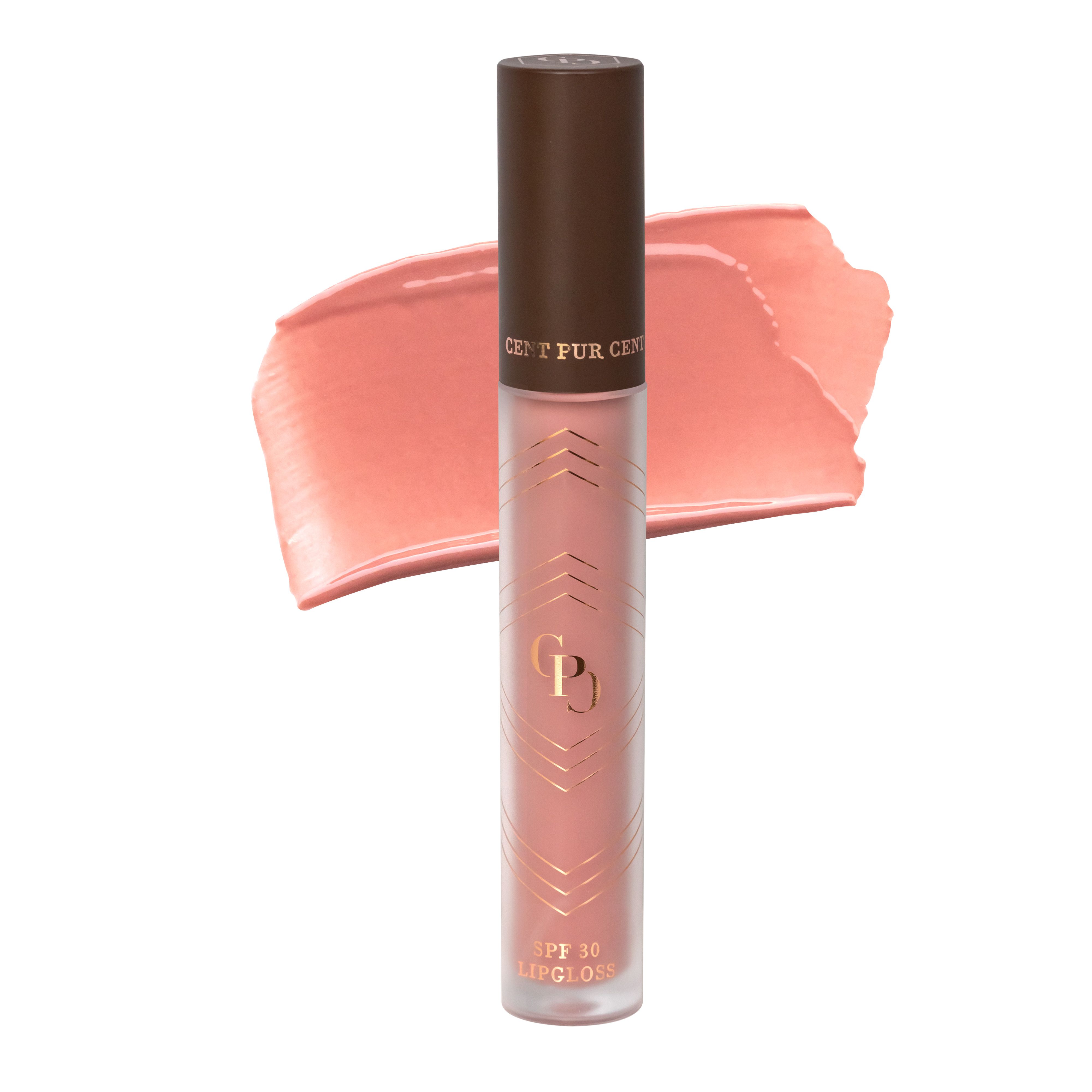 Emballage du gloss. Beige avec motif géométrique. Inscription: Cent Pur Cent, SPF 30 Lipgloss.
