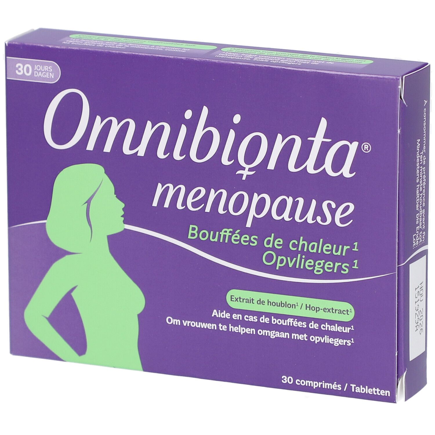 Schachtel mit Omnibionta menopause. Lila, mit Frau Silhouette. 30 Tabletten.