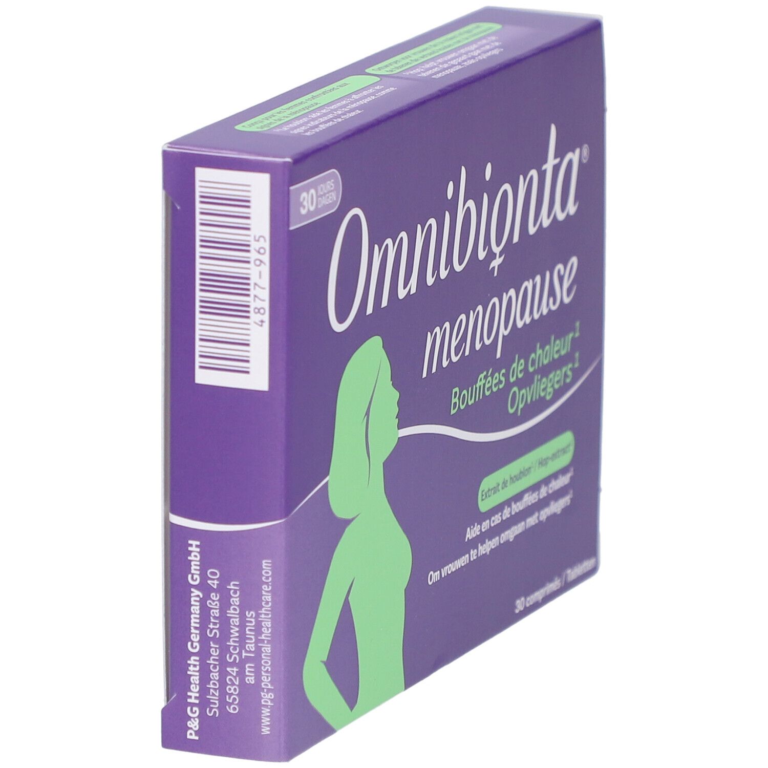 Omnibionta menopause Schachtel. Lila, mit Text und Frau Silhouette. 30 Tabletten.