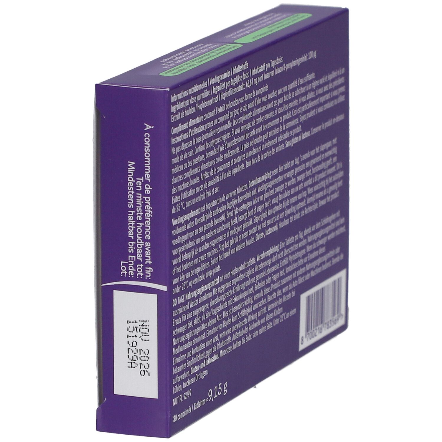Rückseite der Omnibionta menopause Packung. Text und Haltbarkeitsdatum. 30 Tabletten.