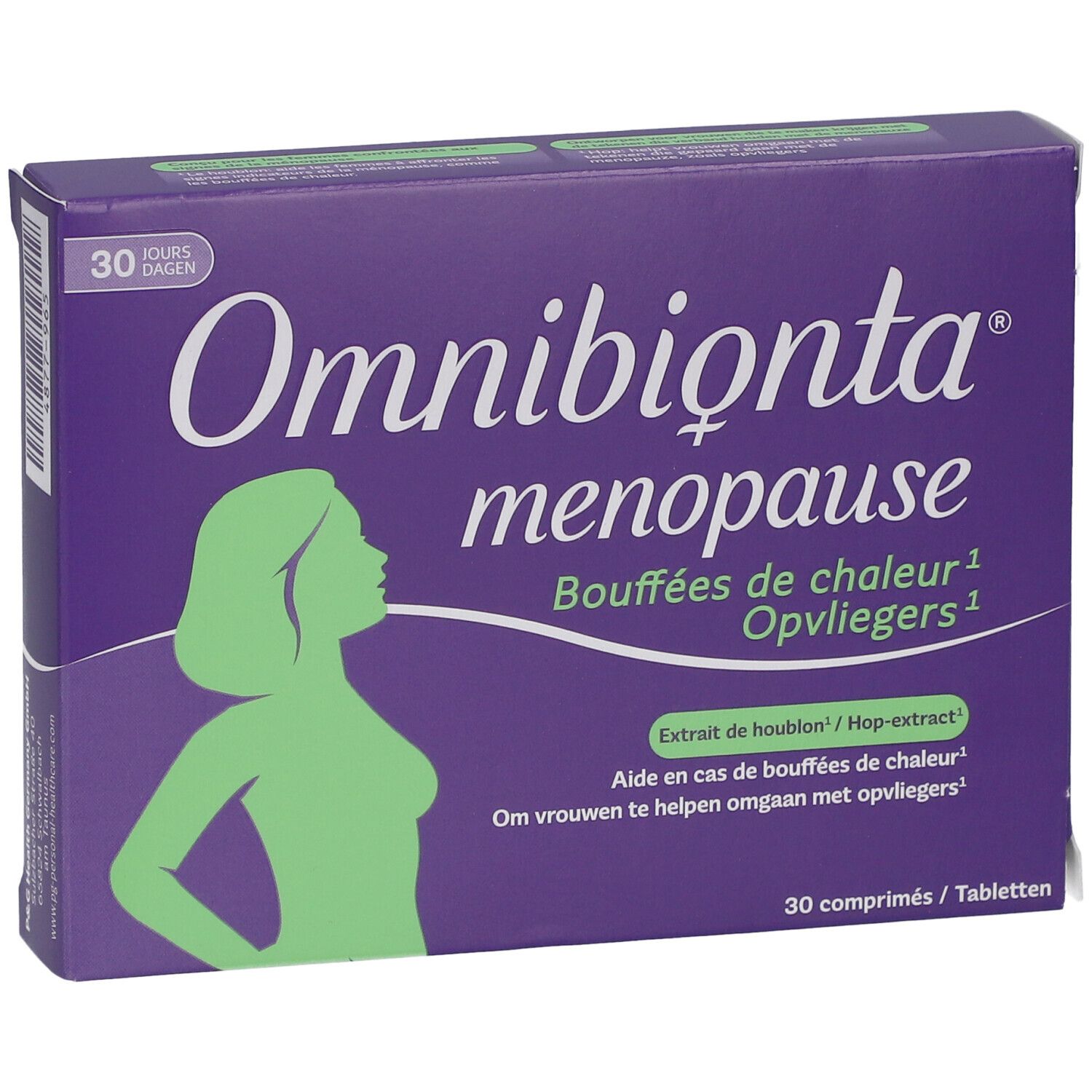 Omnibionta menopause Packung. Lila, mit Frau Silhouette. 30 Tabletten.