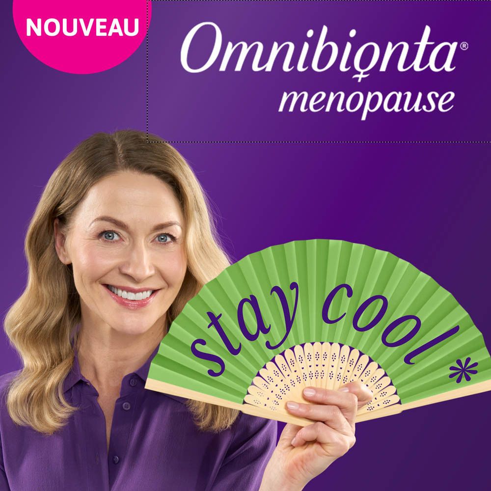 Femme avec éventail. Texte: Omnibionta menopause. Nouveau. Stay cool.