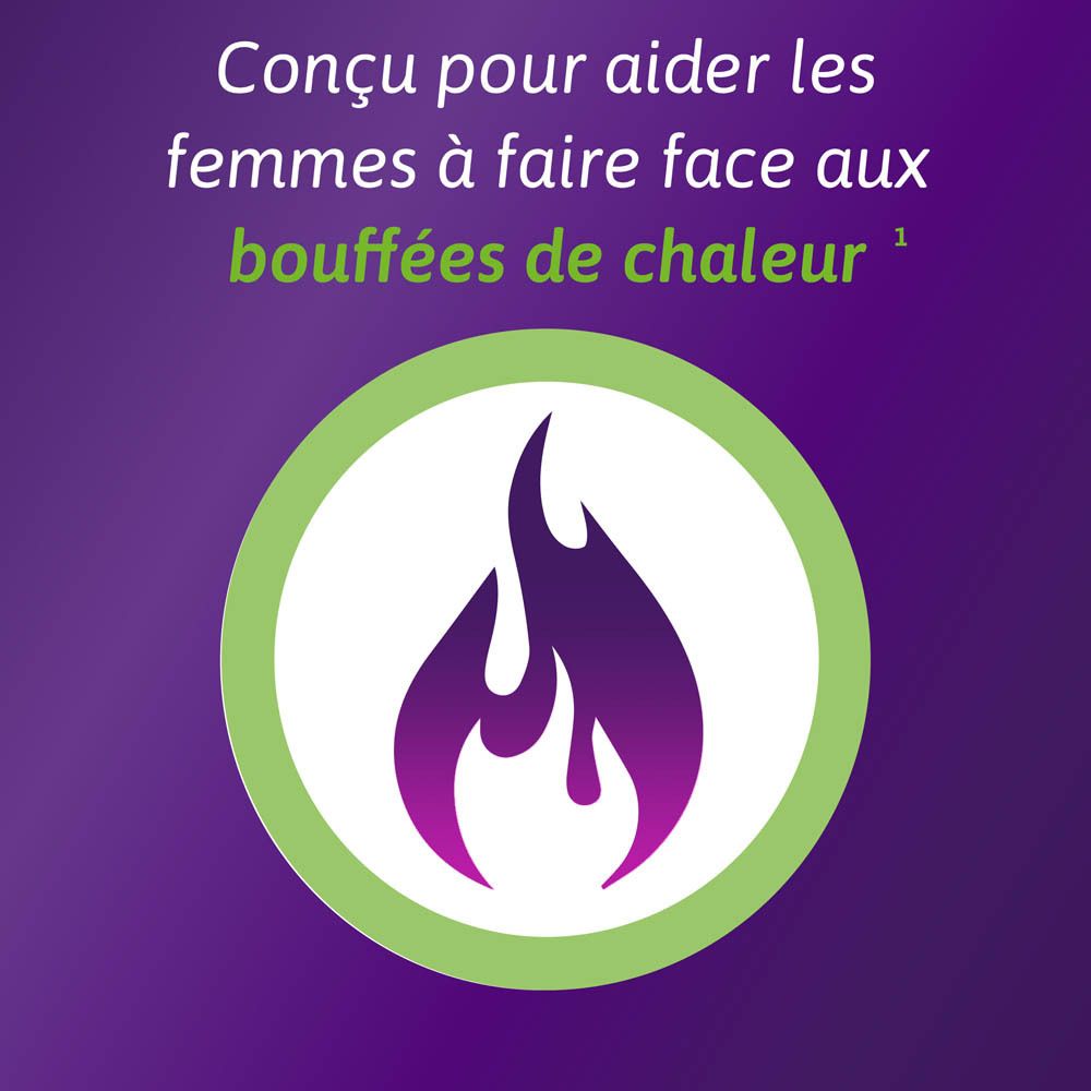 Symbole de flammes dans un cercle vert. Texte: Conçu pour aider les femmes à faire face aux bouffées de chaleur.