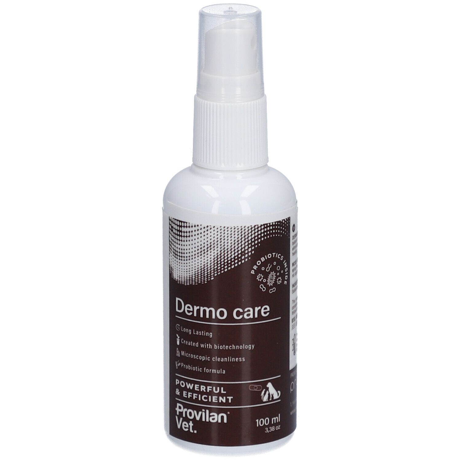 Weiße Sprühflasche mit braunen und schwarzen Akzenten. Aufschrift: Dermo care, Provilan Vet. Mit Sprühkopf.