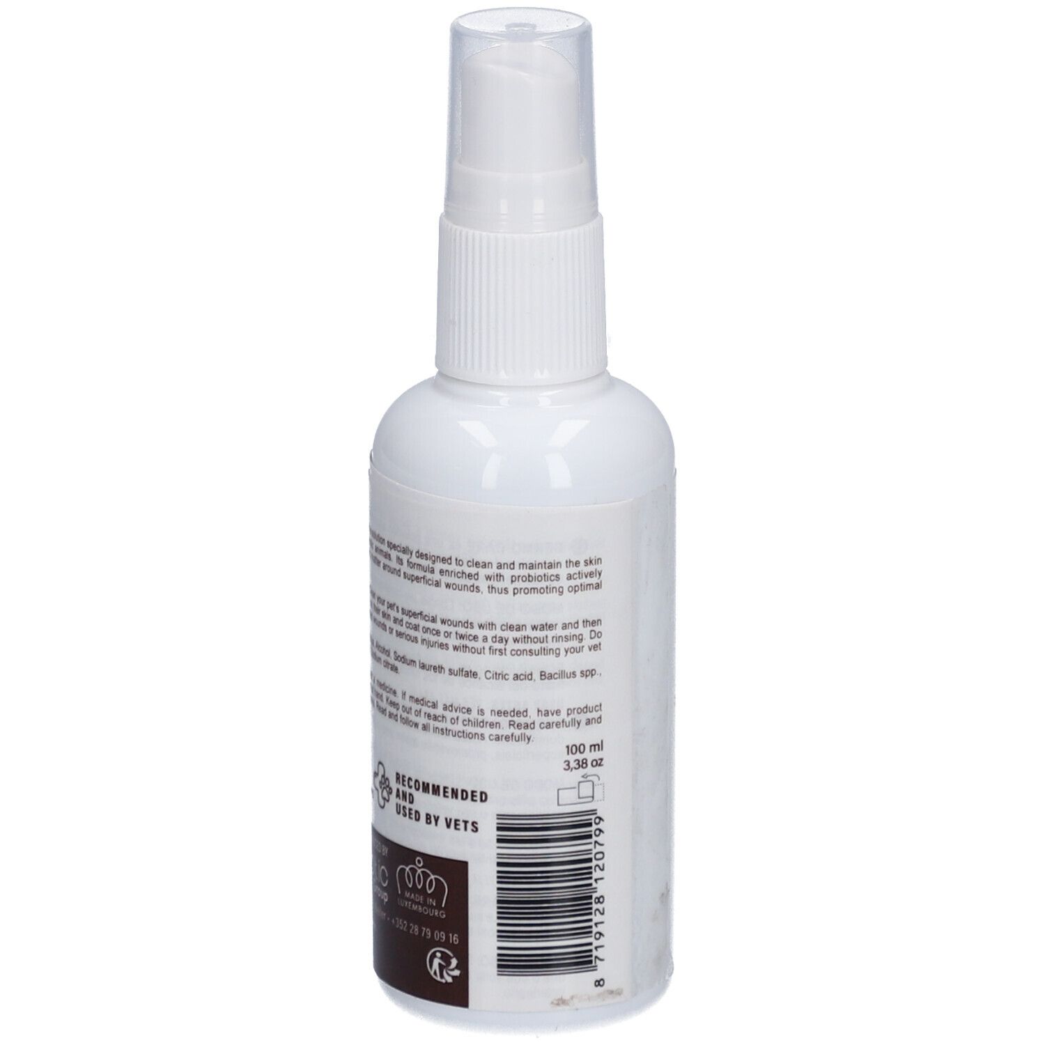 Weiße Sprühflasche mit braunen und schwarzen Akzenten. Aufschrift: Dermo care, Provilan Vet. Mit Sprühkopf.
