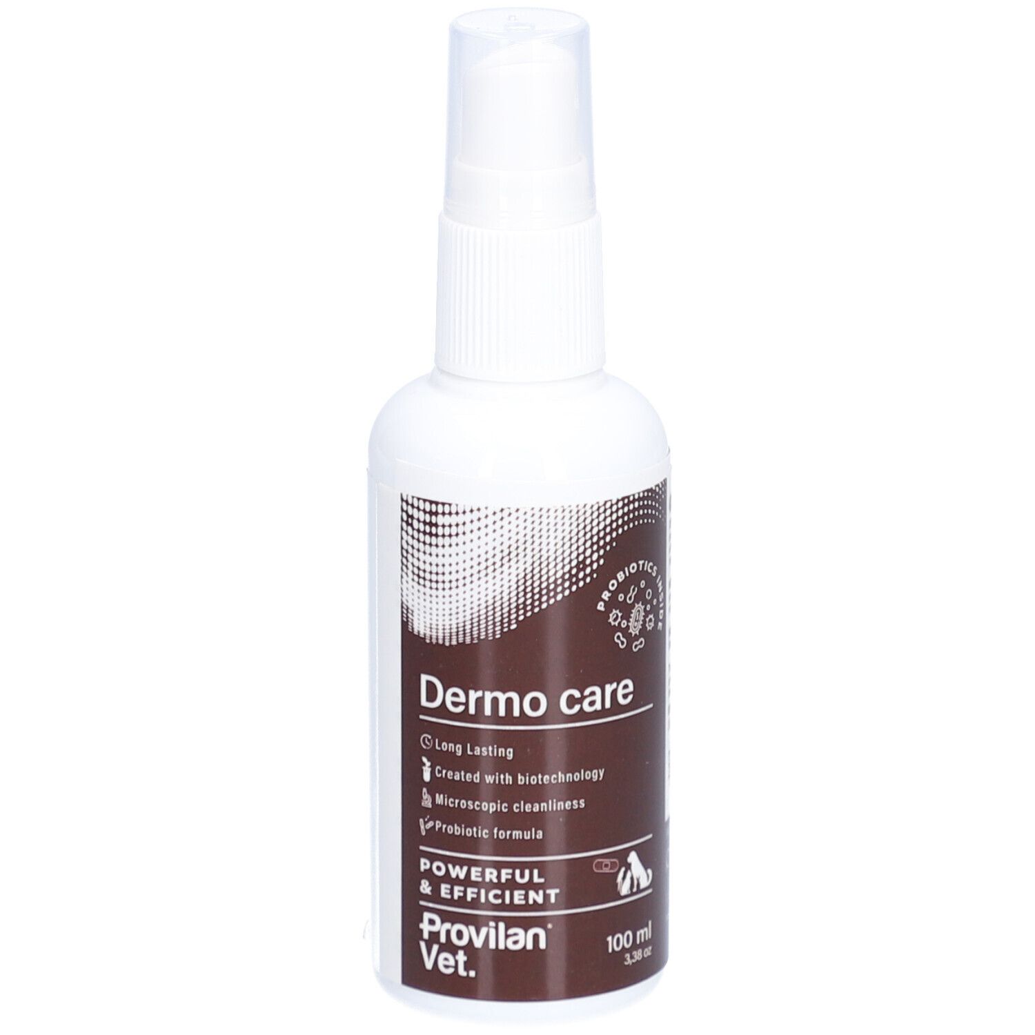 Weiße Sprühflasche mit braunen und schwarzen Akzenten. Aufschrift: Dermo care, Provilan Vet. Mit Sprühkopf.