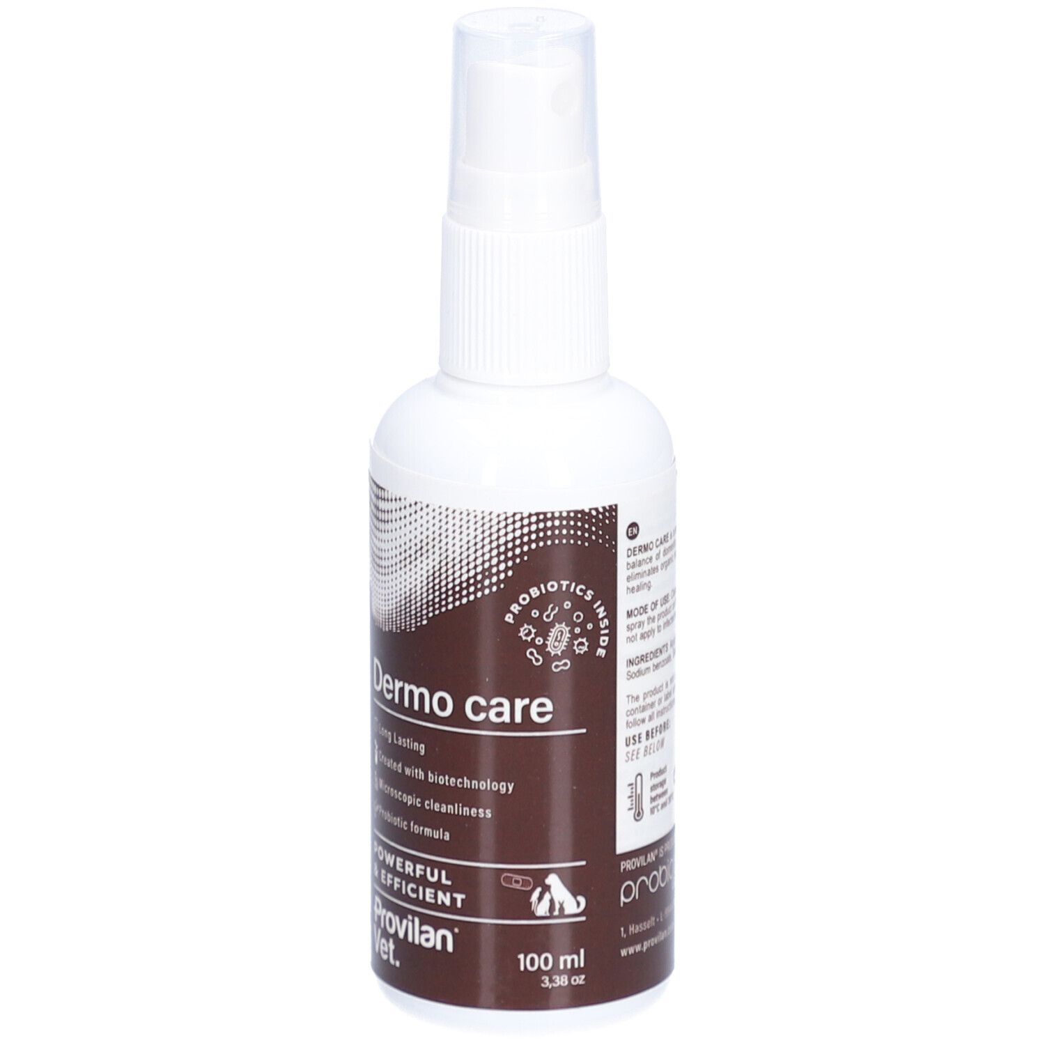 Weiße Sprühflasche mit braunen und schwarzen Akzenten. Aufschrift: Dermo care, Provilan Vet. Mit Sprühkopf.