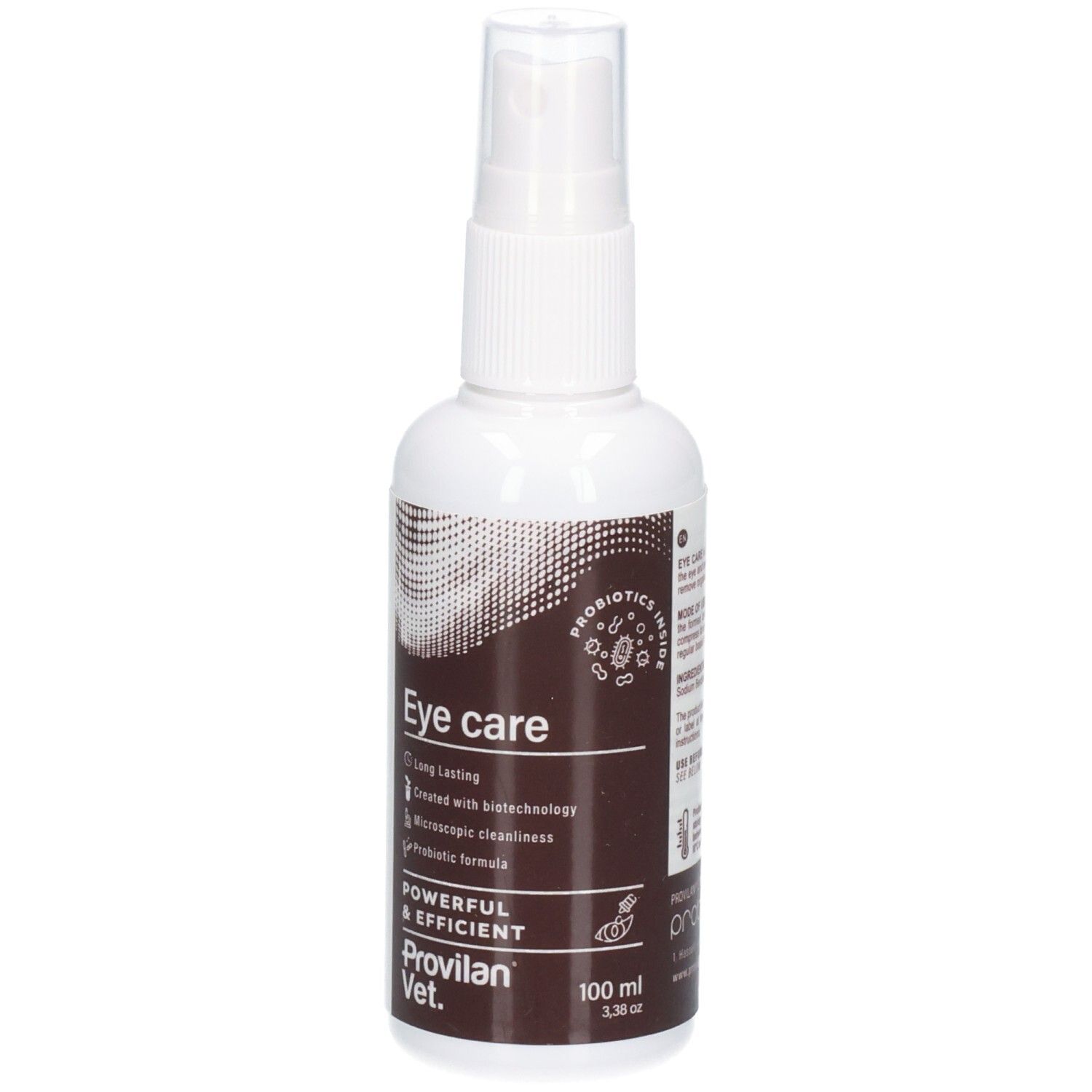 Weiße Sprühflasche mit braunem Etikett für Augenpflege, 100 ml.